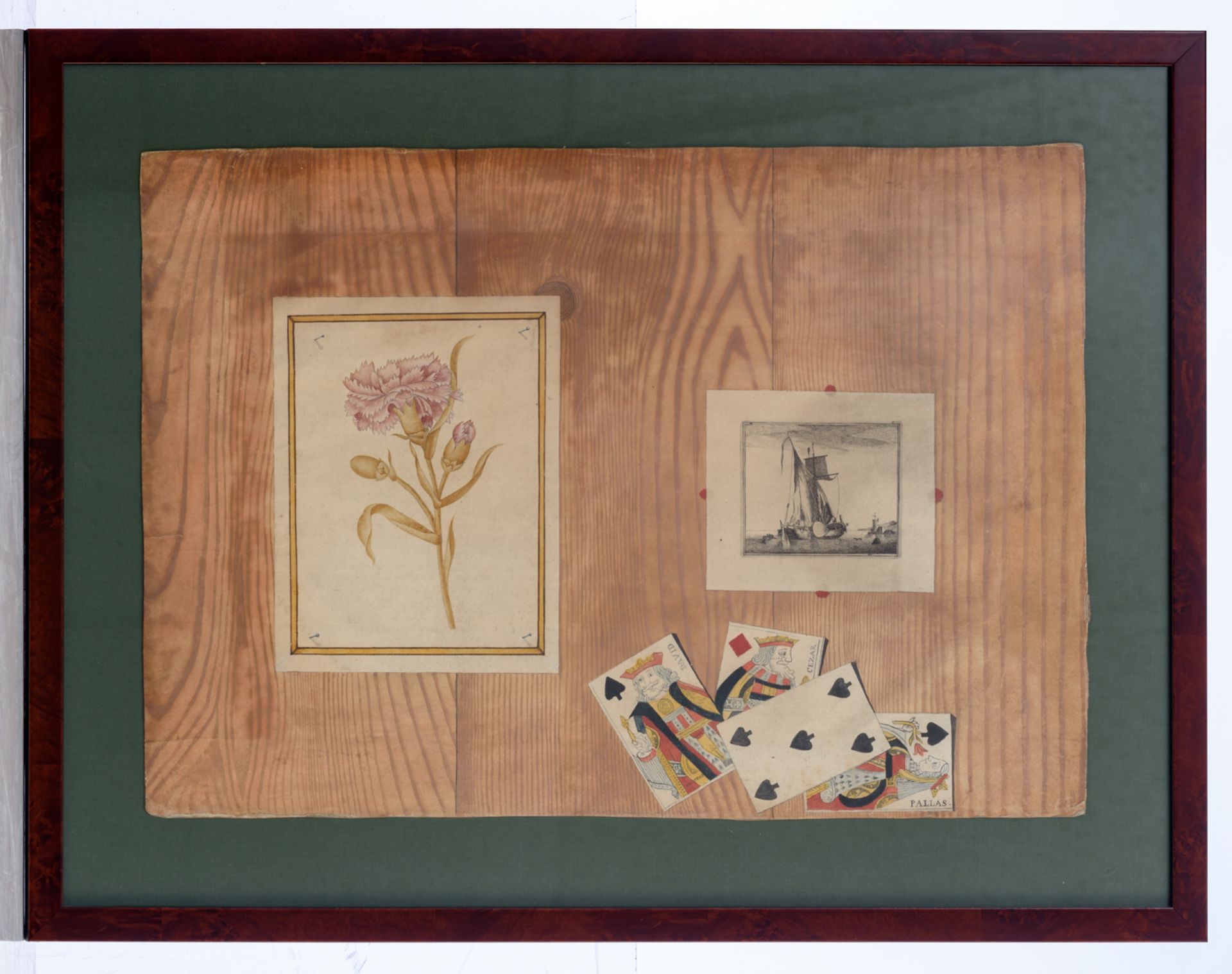 An 18thC trompe l'oeil depicting playing cards, a print of a carnation and an etching of a fishing - Bild 2 aus 3