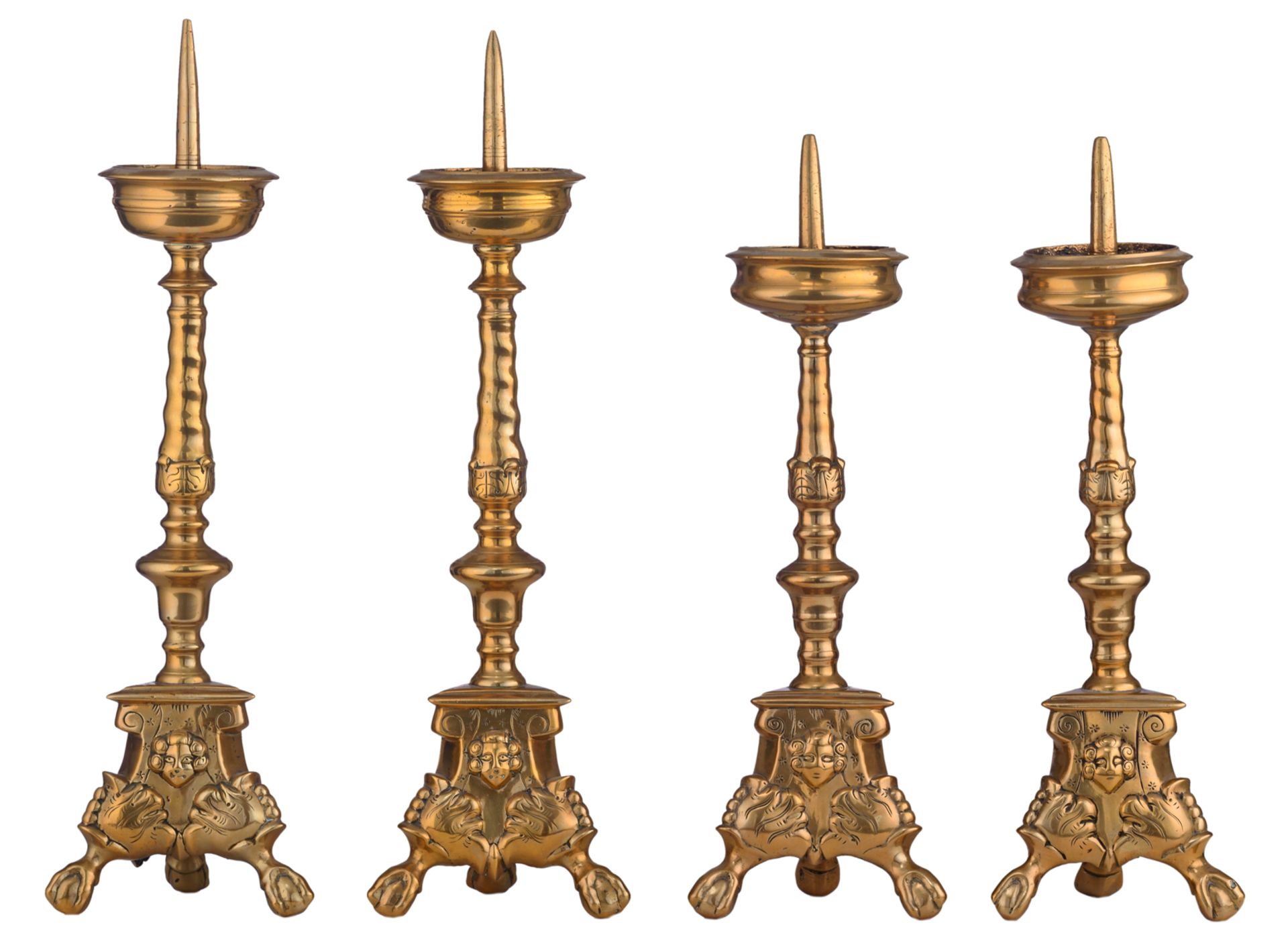 Two pair of Baroque bronze church candlesticks, 17thC, H 38,5 - 43 cm