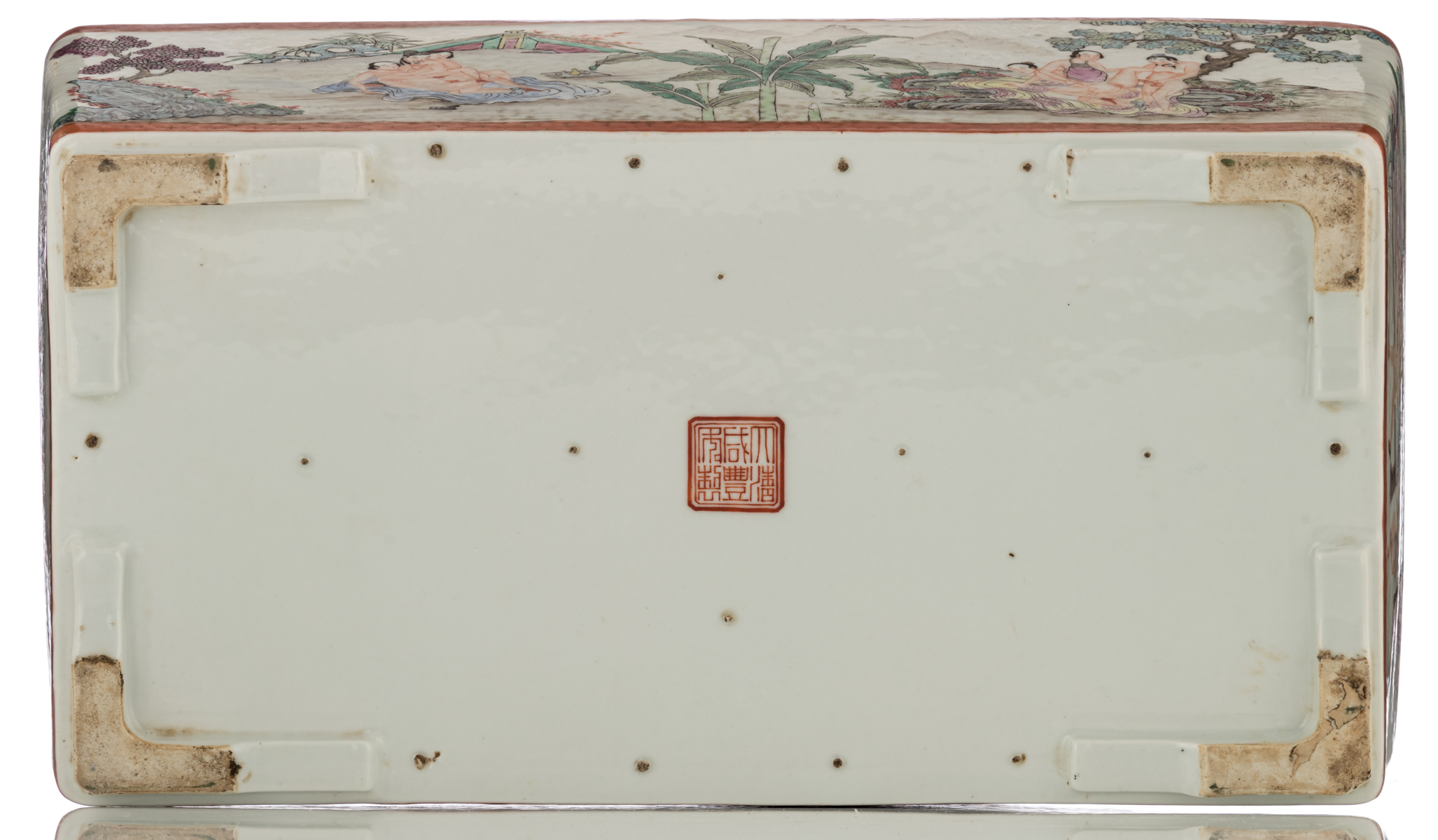 A Chinese famille rose and polychrome decorated rectangular cachepot with erotic scenes, marked, - Image 7 of 8