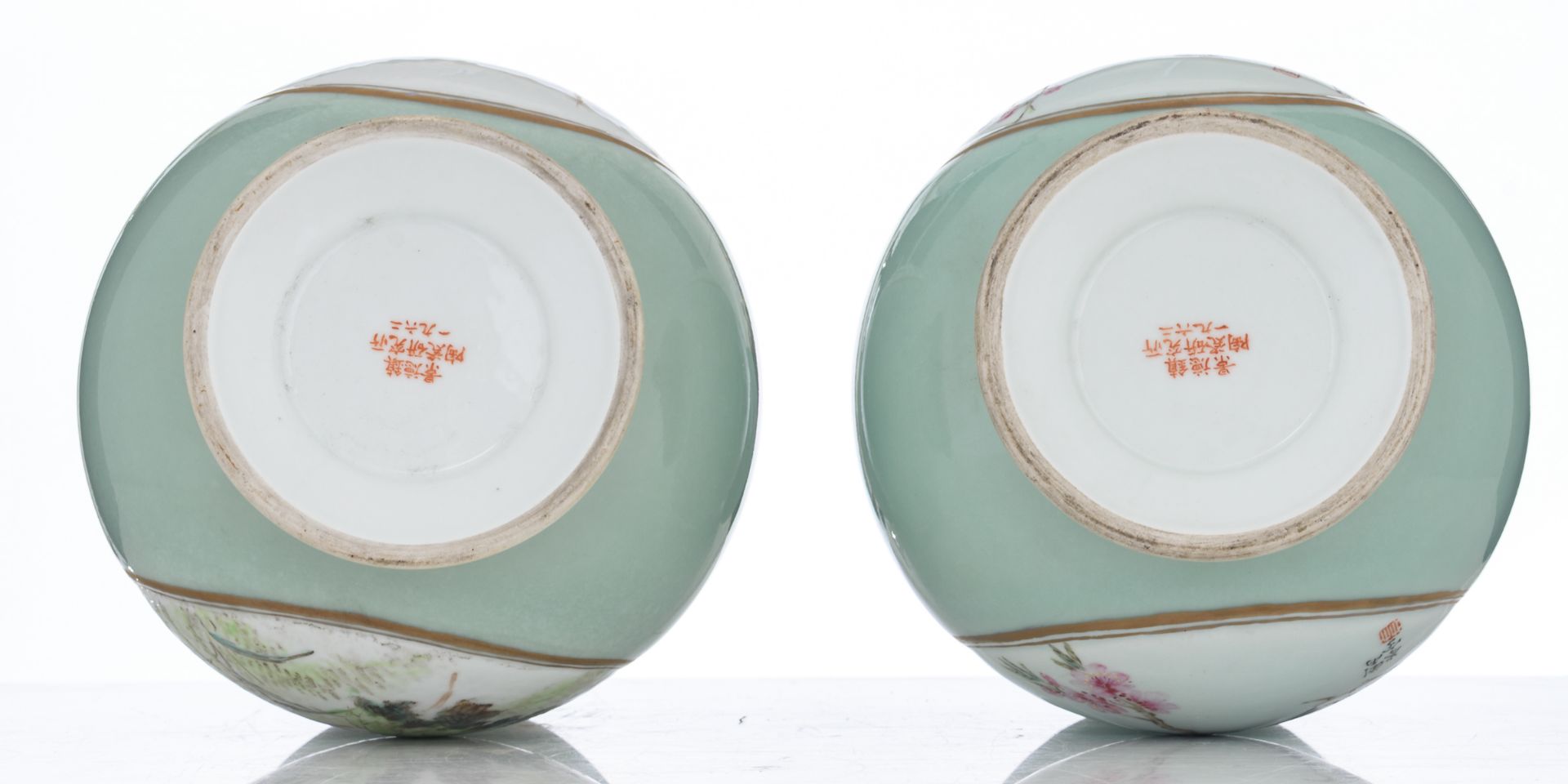 Two Chinese celadon-glazed hu vases, the roundels decorated with birds on flower branches, depicting - Image 7 of 9