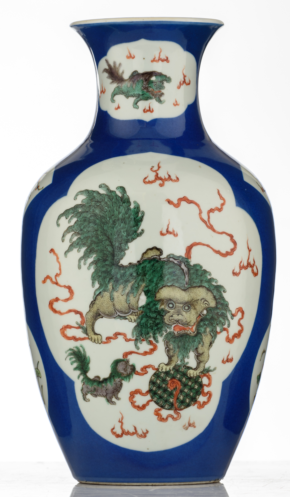 A Chinese bleu poudré begonia shaped vase, the roundels famille verte decorated with playing - Image 3 of 6