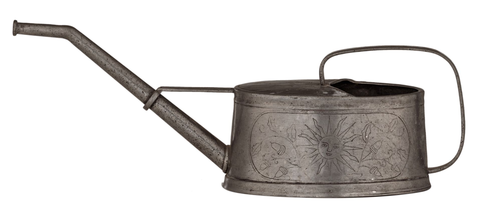 A 1793 dated, most probably Dutch, pewter watering can with engraved decoration, H 15 - W 40 D 13