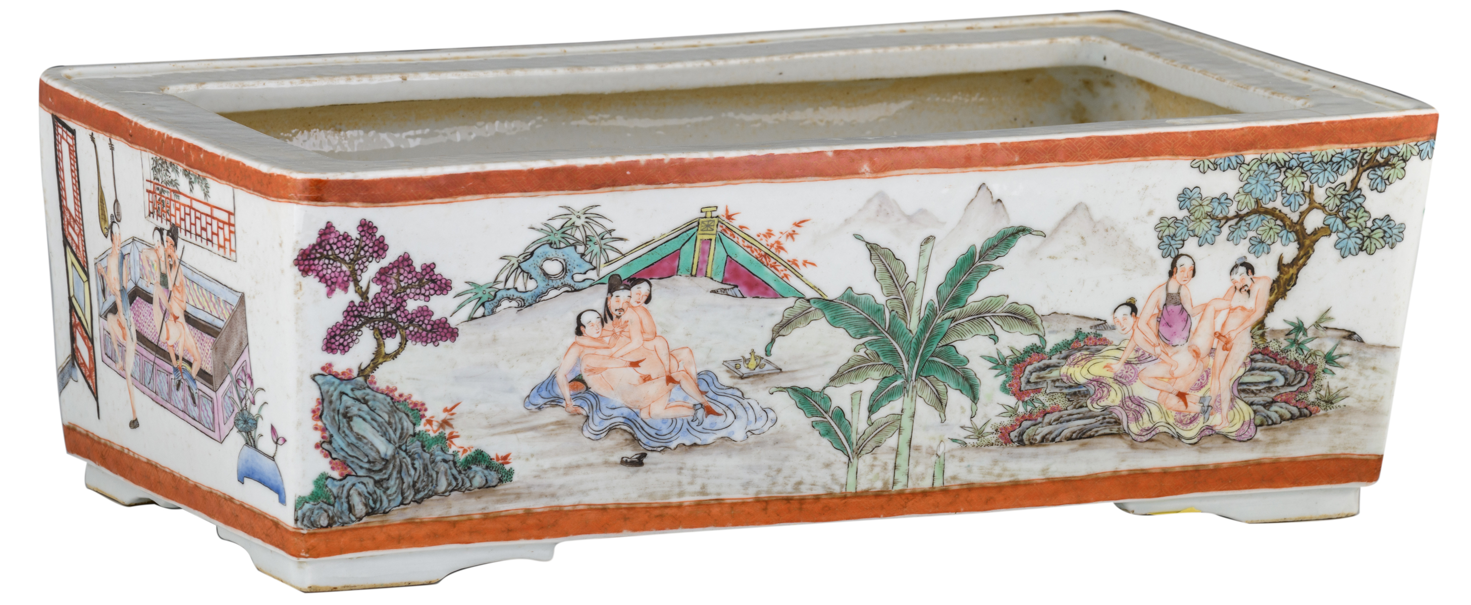 A Chinese famille rose and polychrome decorated rectangular cachepot with erotic scenes, marked,