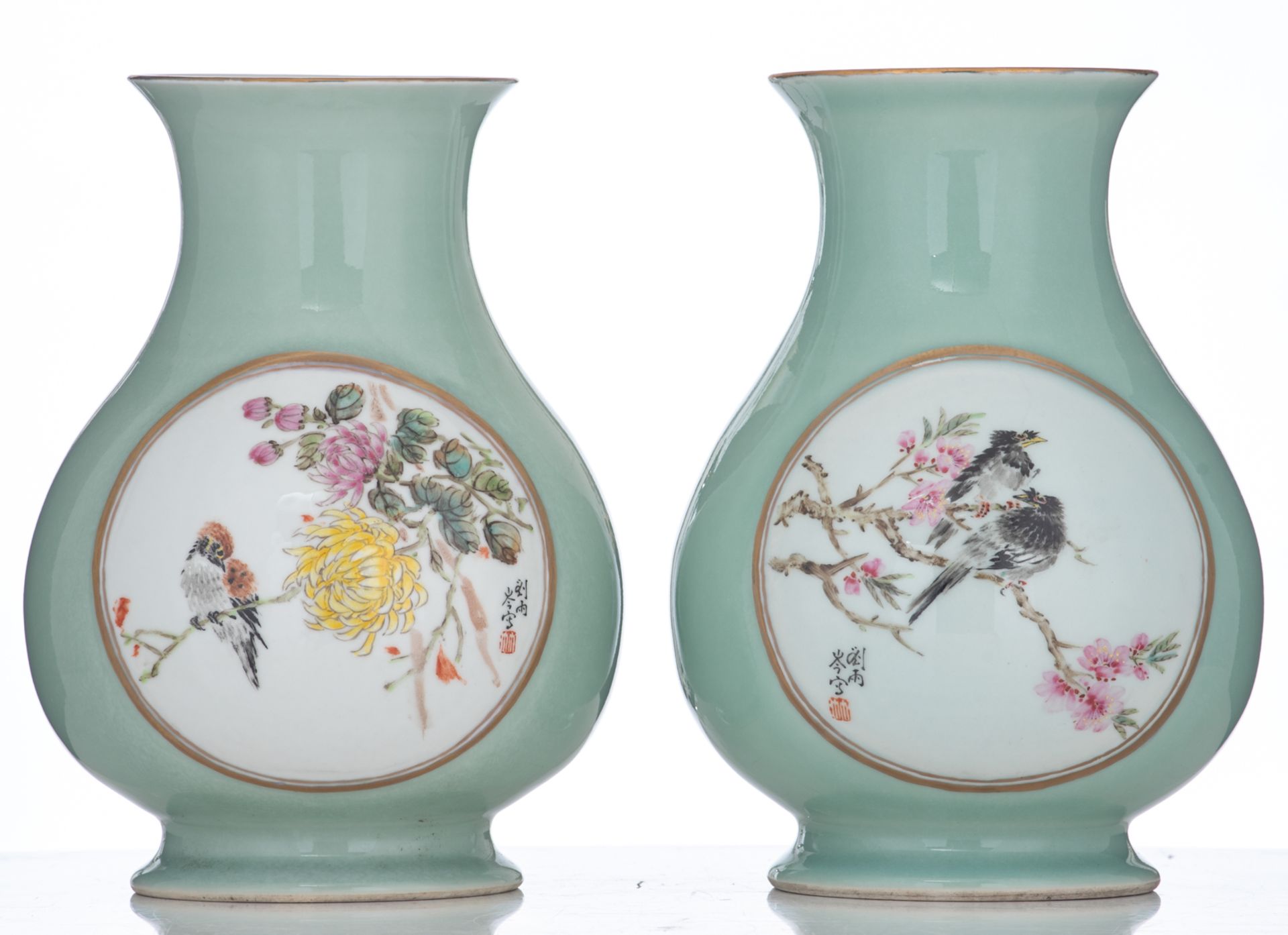 Two Chinese celadon-glazed hu vases, the roundels decorated with birds on flower branches, depicting - Image 2 of 9