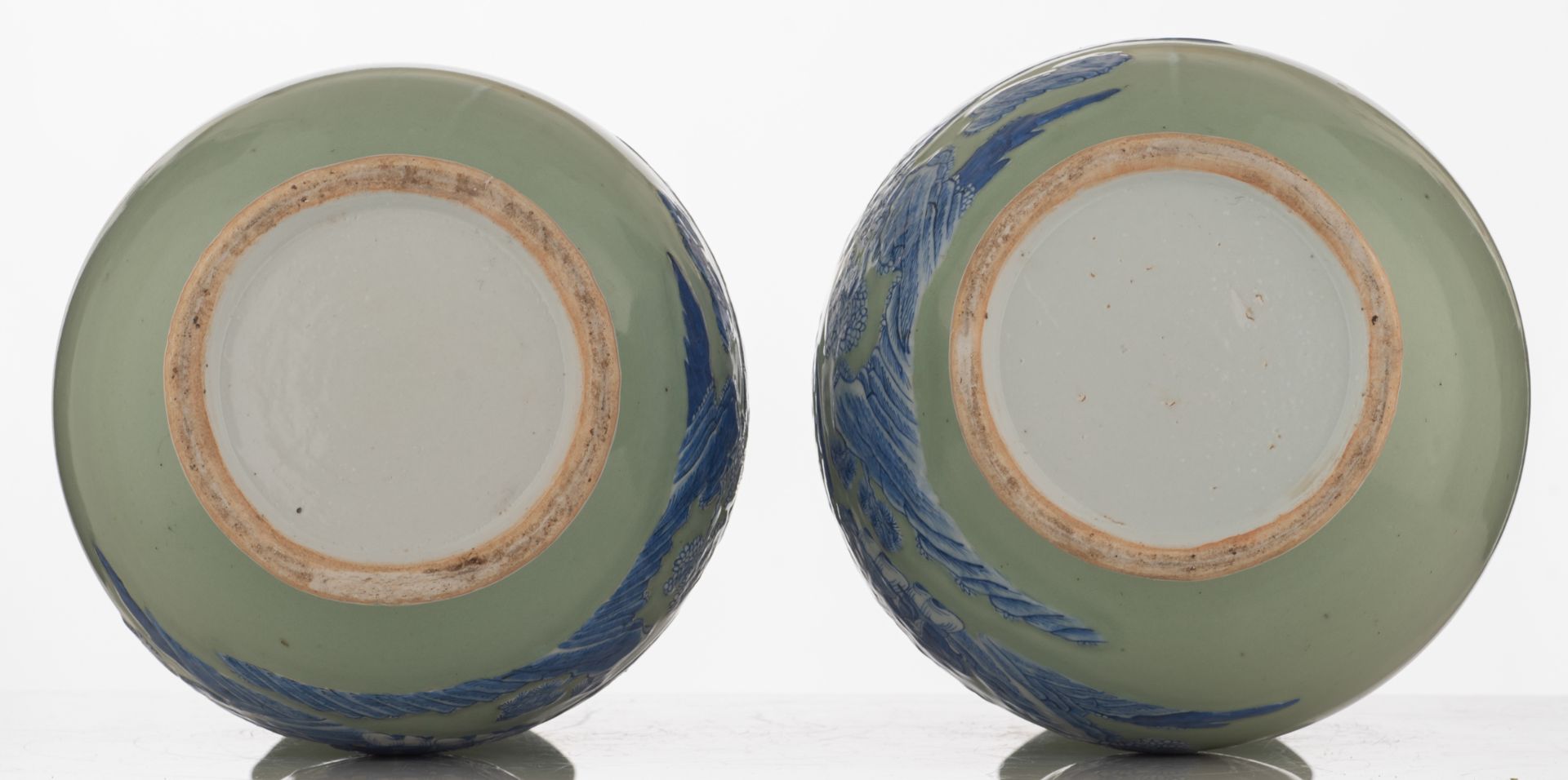 A pair of celadon ground begonia shaped vases, blue and white decorated with a scene from 'The - Image 6 of 6