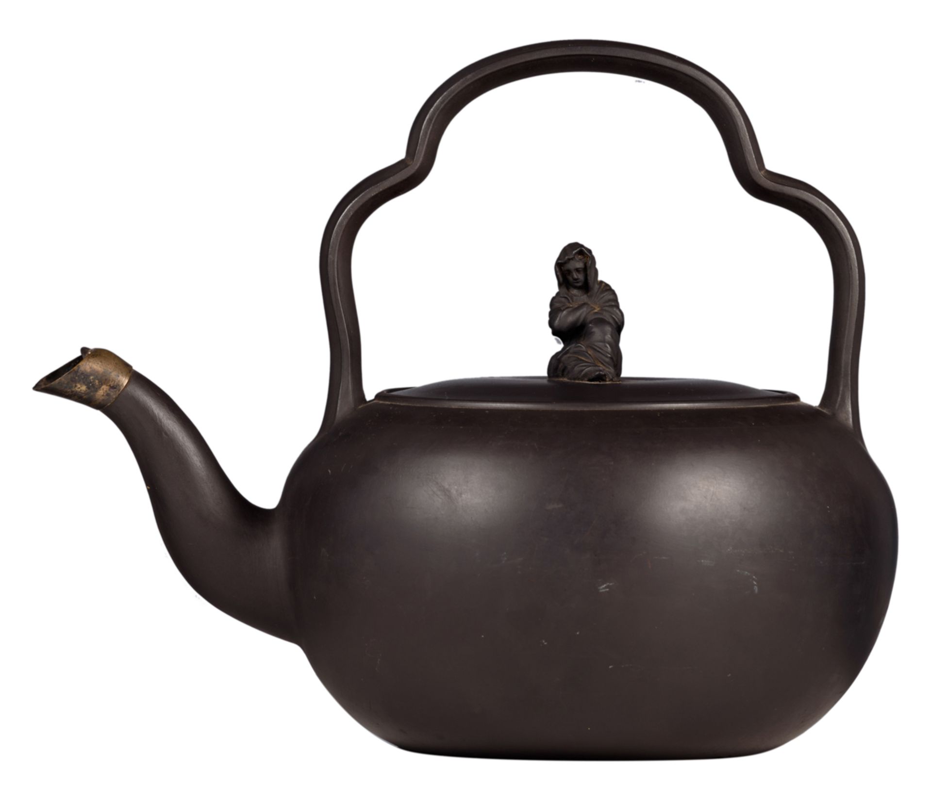 An English black basalt teakettle with a lobed bail handle, a Sybil knop and a silver cap on the