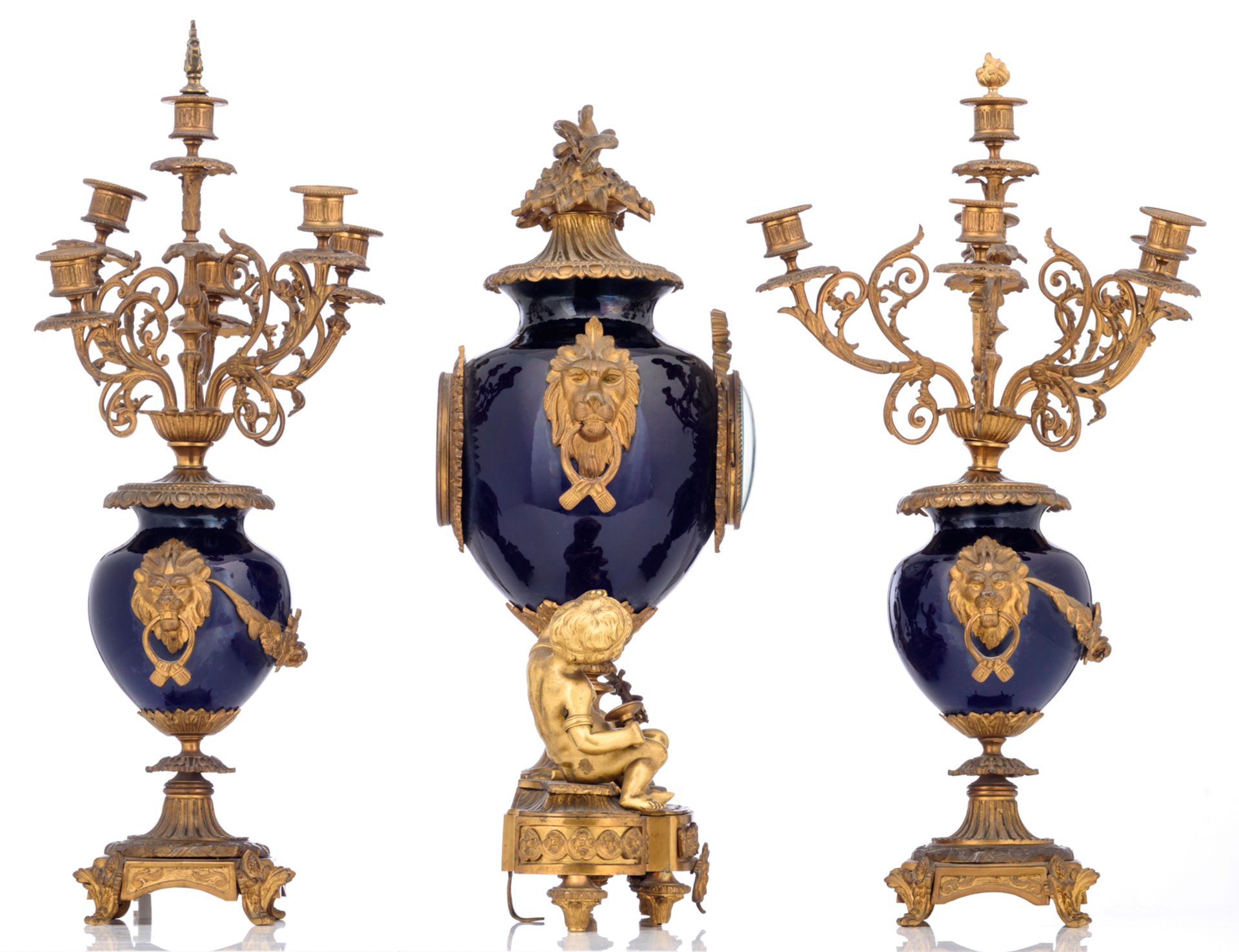 A three-piece 'blue royale' glazed stoneware garniture with gilt bronze mounts, consisting of a pair - Image 4 of 7
