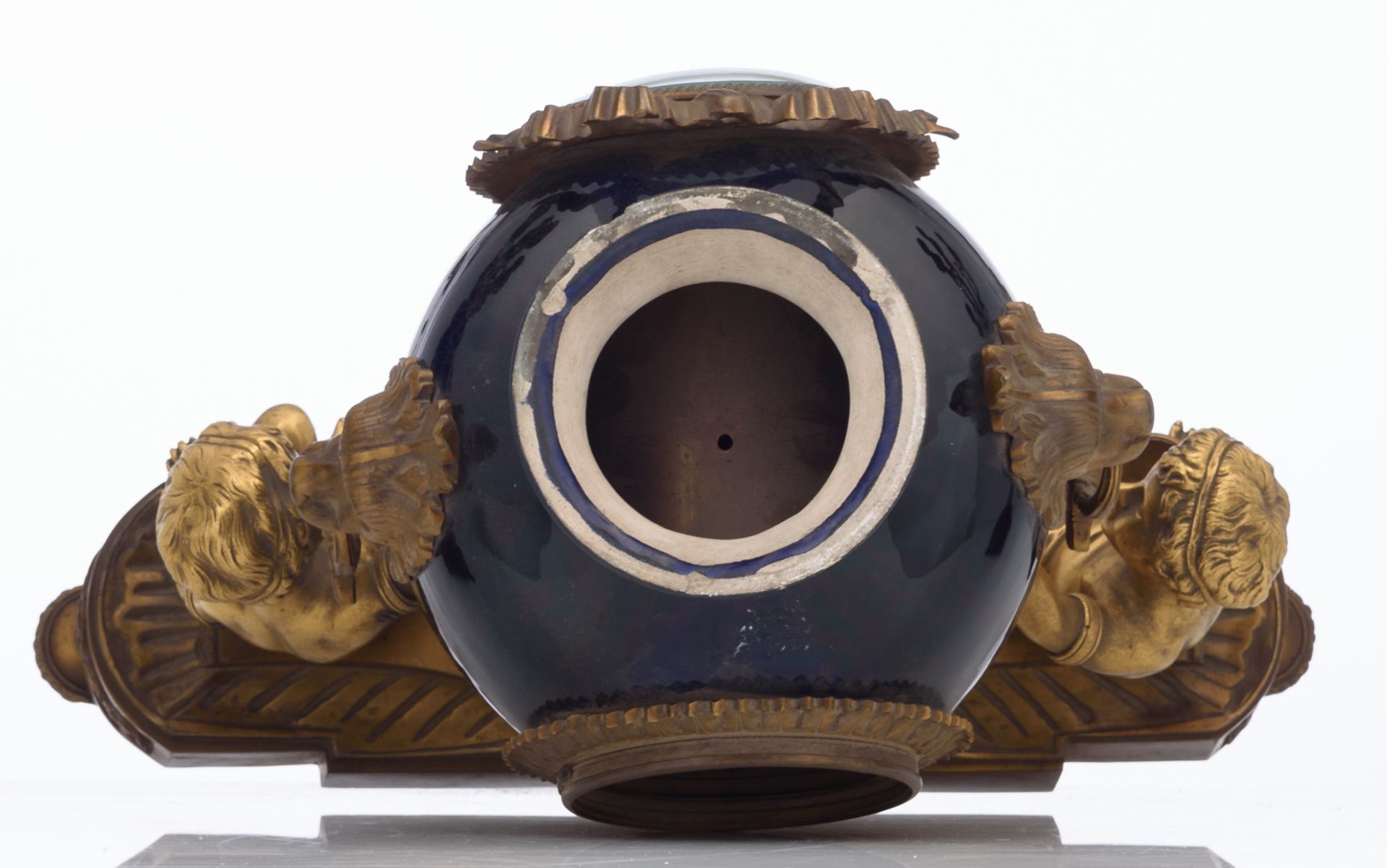 A three-piece 'blue royale' glazed stoneware garniture with gilt bronze mounts, consisting of a pair - Image 6 of 7