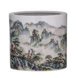 A Chinese yangcai brush pot, decorated with a mountainous river landscape, with signed text, H