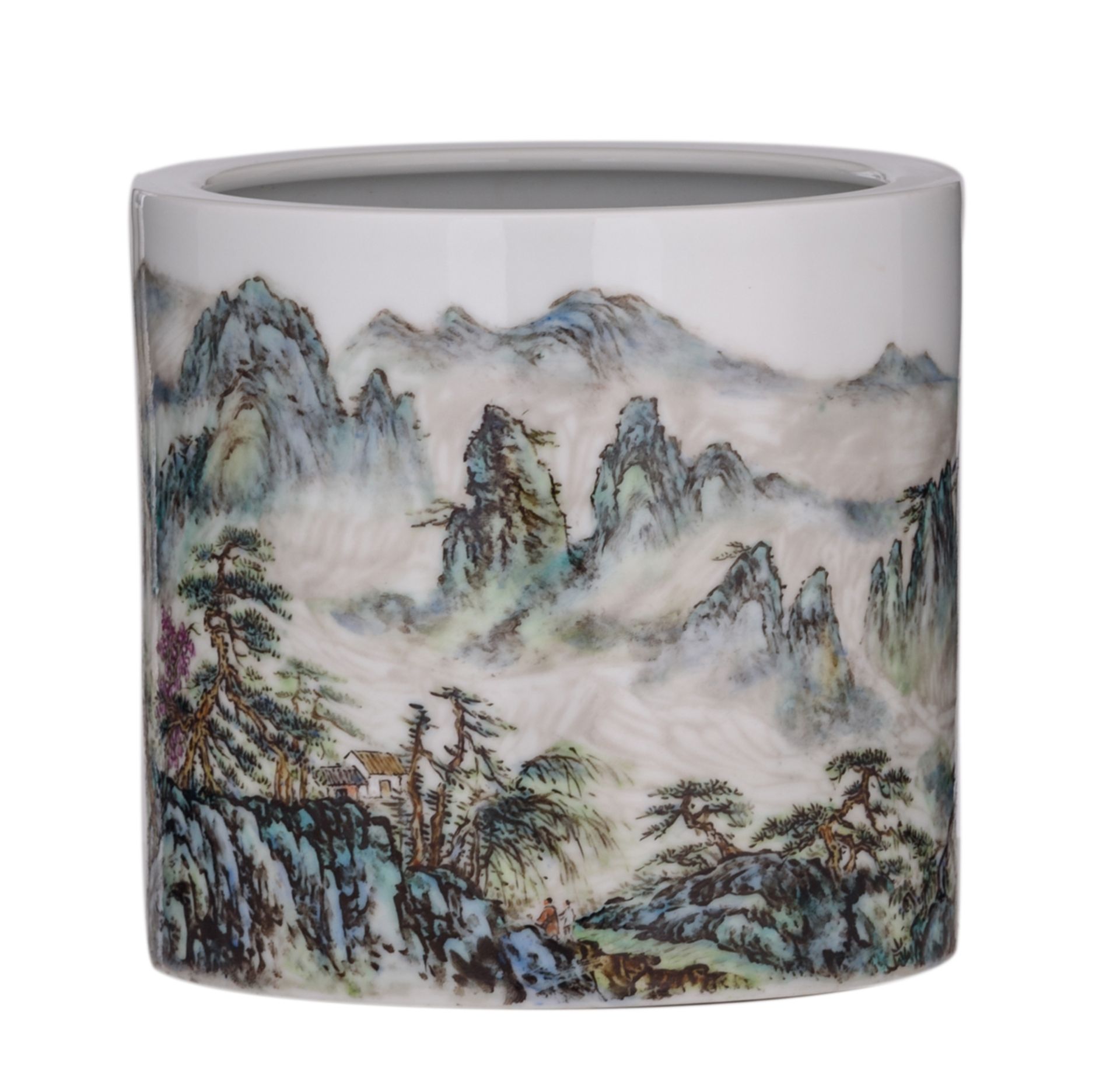 A Chinese yangcai brush pot, decorated with a mountainous river landscape, with signed text, H