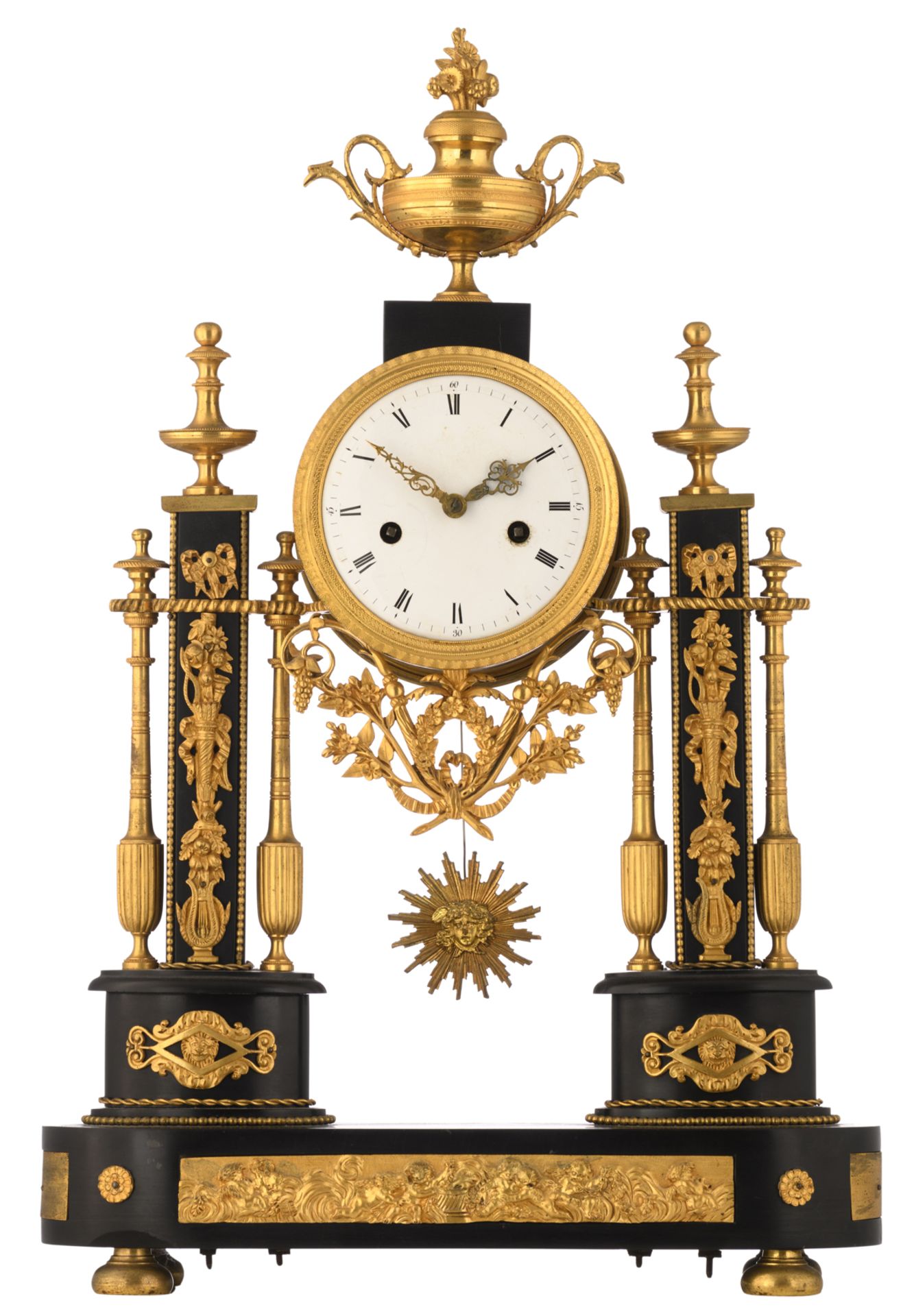 A neoclassical LXVI-period mantle clock, noir Belge marble and gilt brass mounts, (added: a