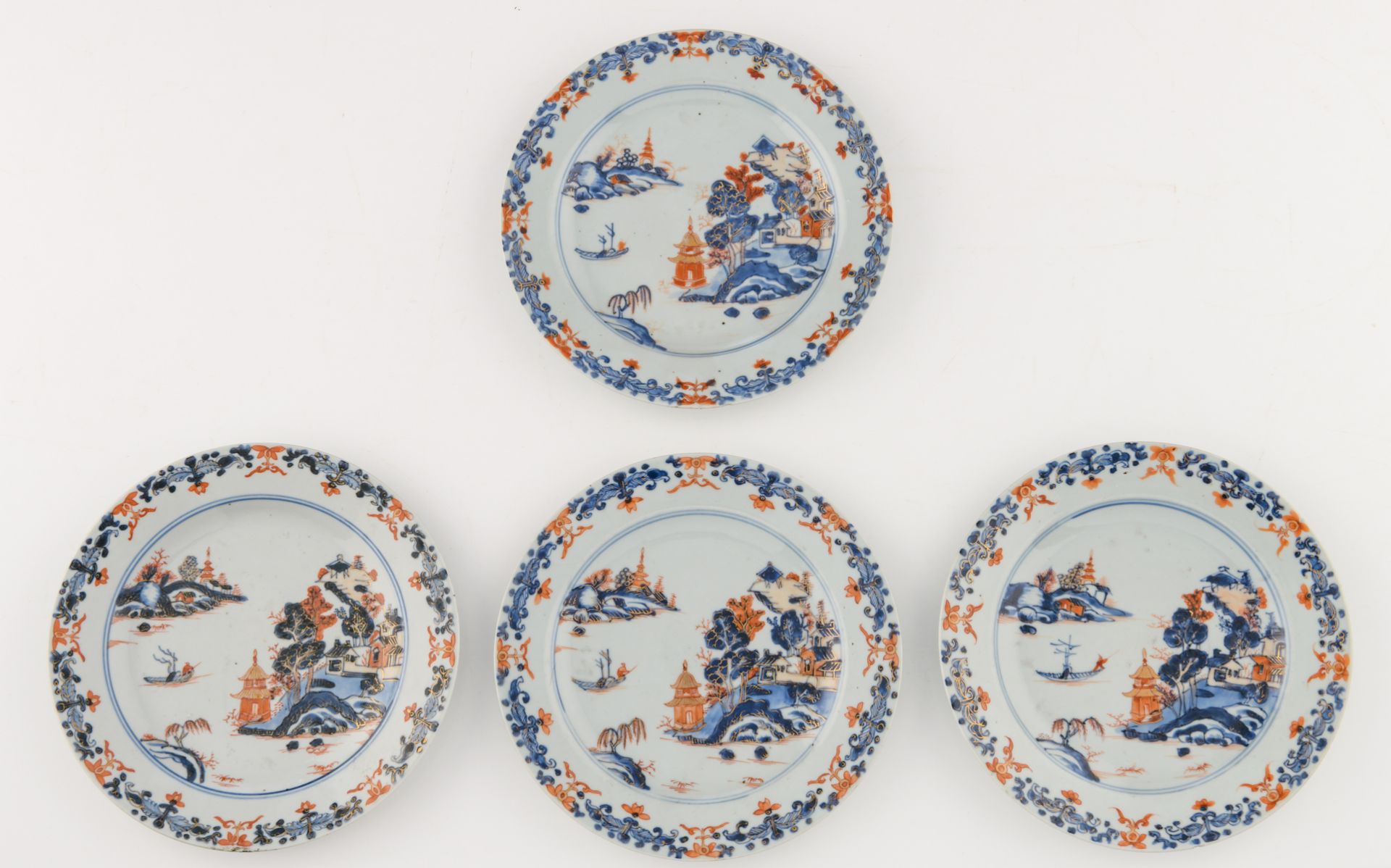 Nine Chinese Imari export porcelain dishes, decorated with a fisherman in a village landscape, - Image 4 of 5