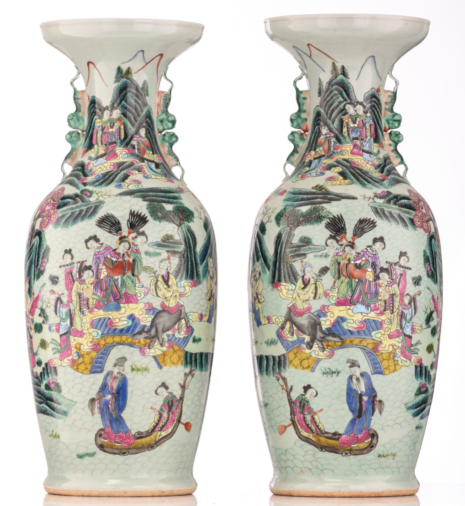 A pair of Chinese celadon ground vases, famille rose decorated with Immortals, gathering in a - Image 3 of 6