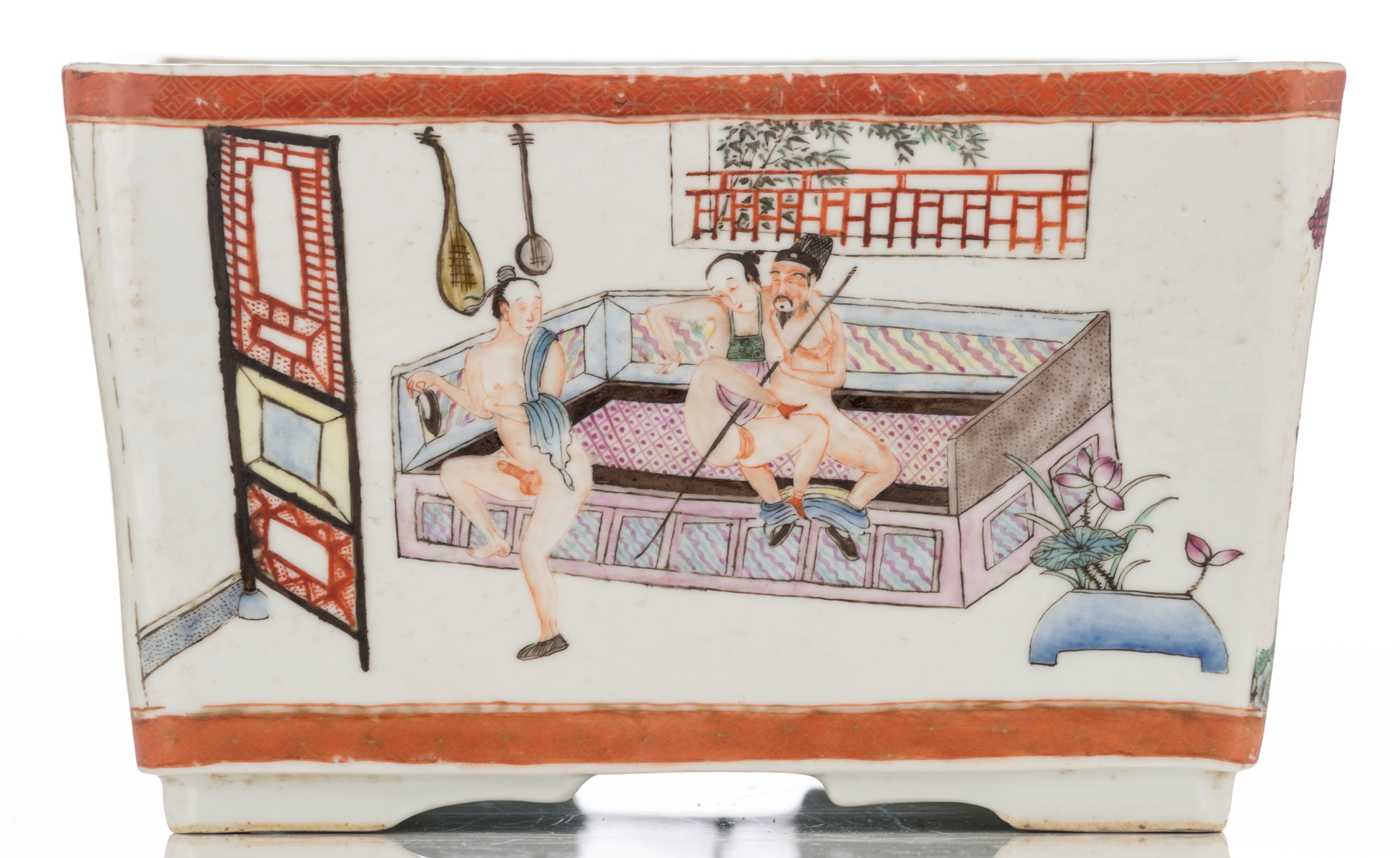 A Chinese famille rose and polychrome decorated rectangular cachepot with erotic scenes, marked, - Image 5 of 8