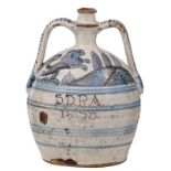 A double-handled Southern Europe tin-glazed earthenware majolica flask, blue and manganese decorated