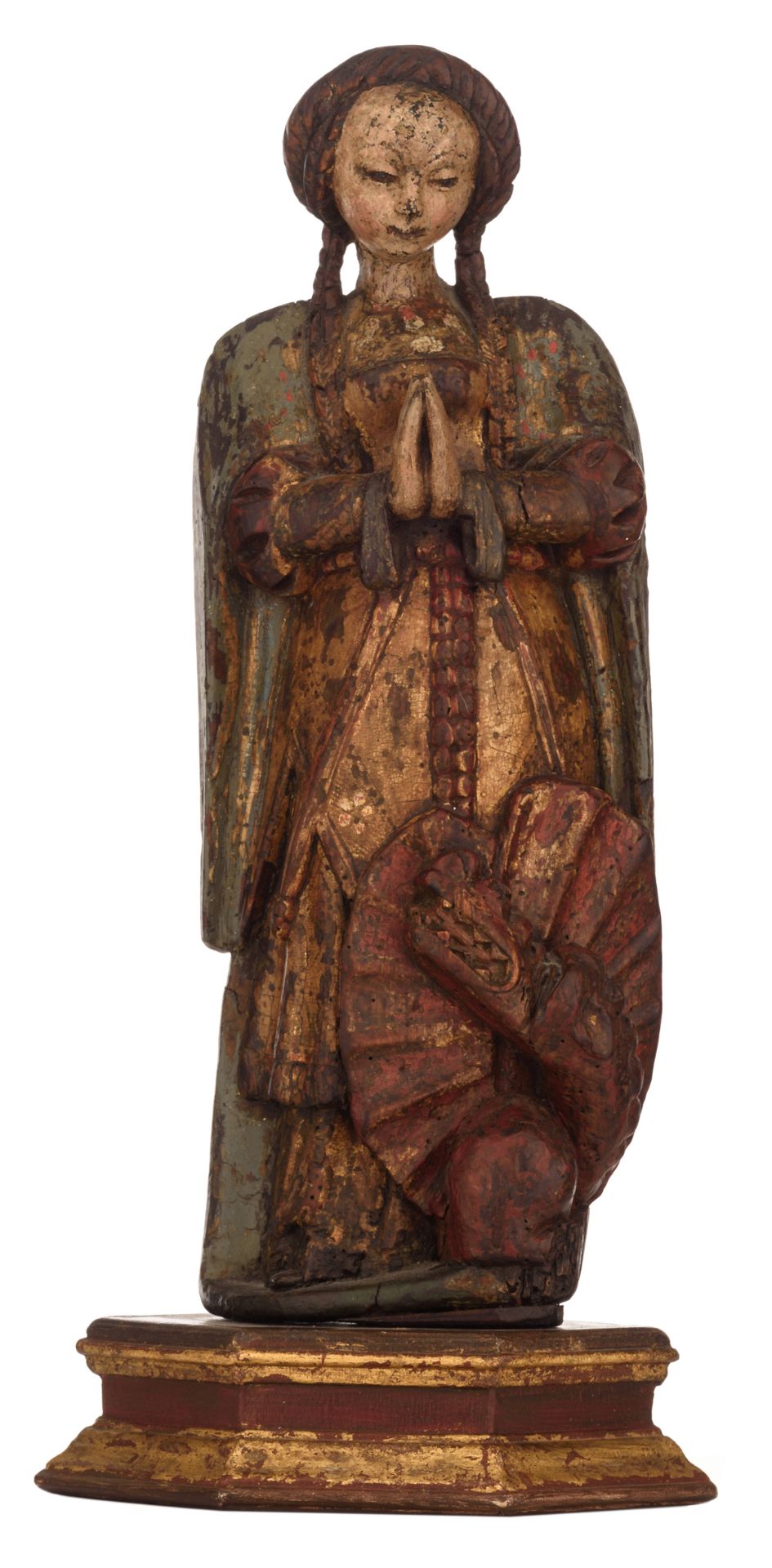 A polychrome painted (limewood) sculpture in the Malinois manner, representing a female saint,
