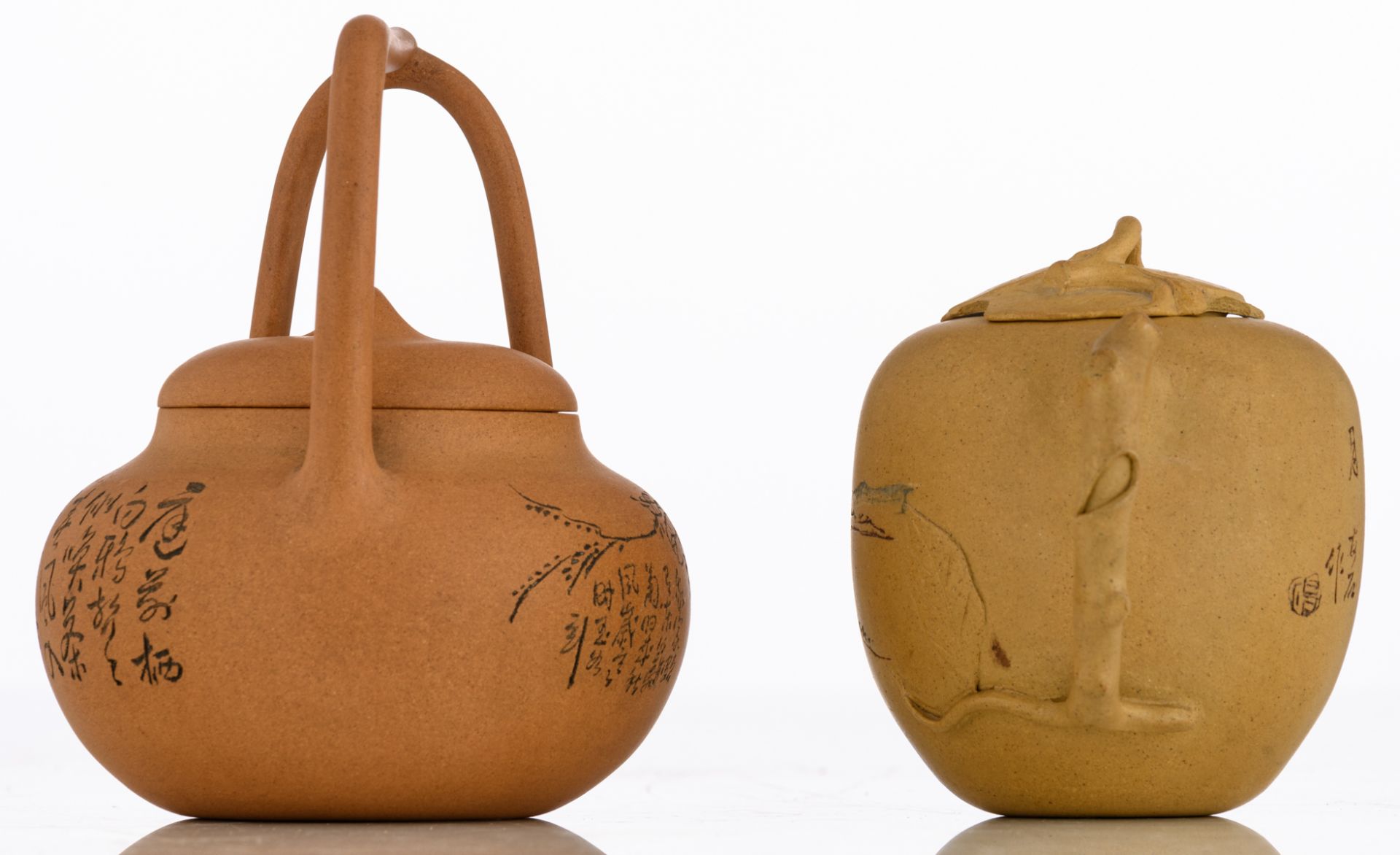 Two Chinese yellow zisha teapots, the 'tree leaf' teapot decorated with a village landscape and - Image 3 of 9