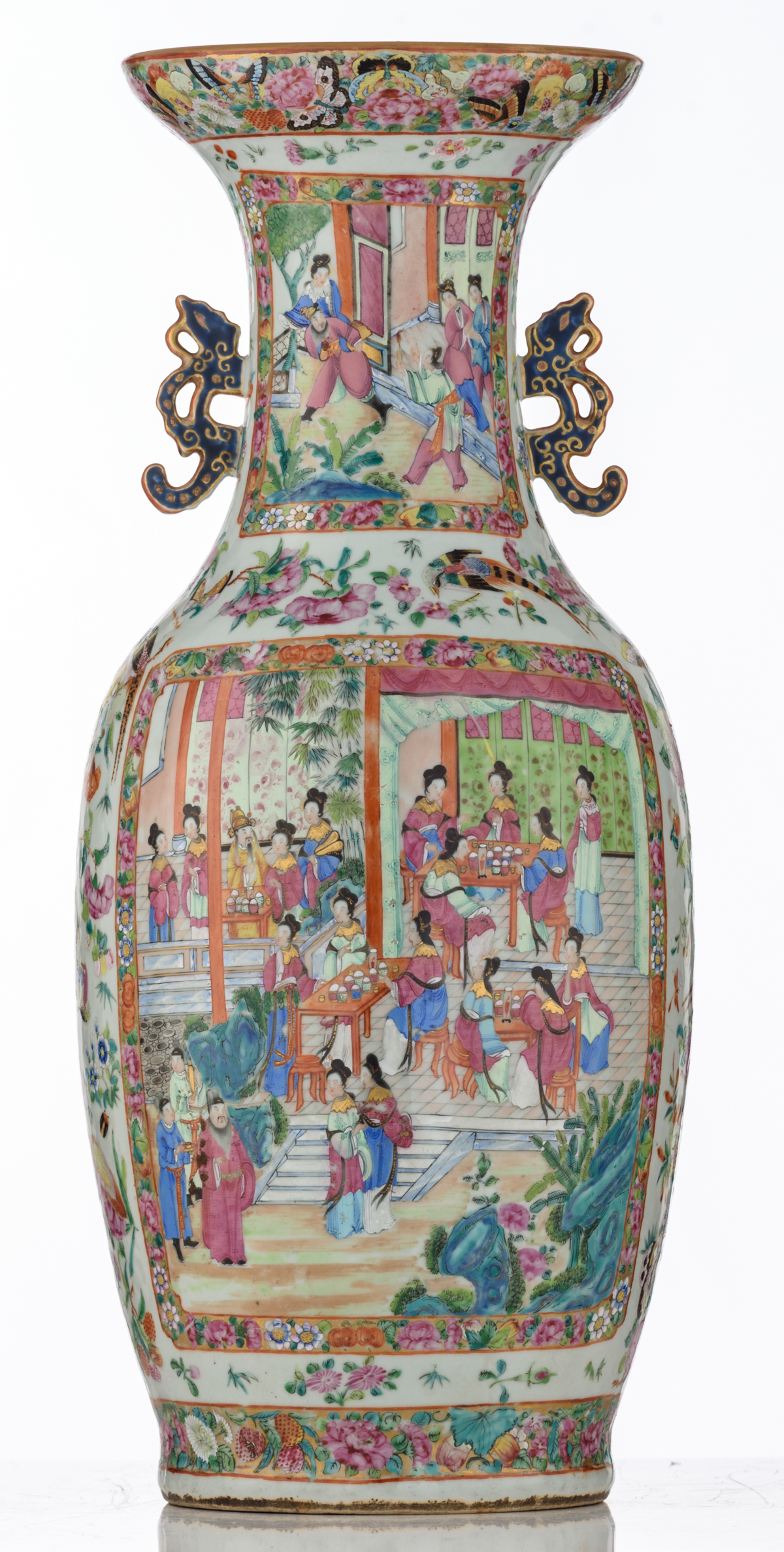 A Chinese Canton famille rose vase with fruits, flowers and butterflies, the roundels decorated with - Image 3 of 6