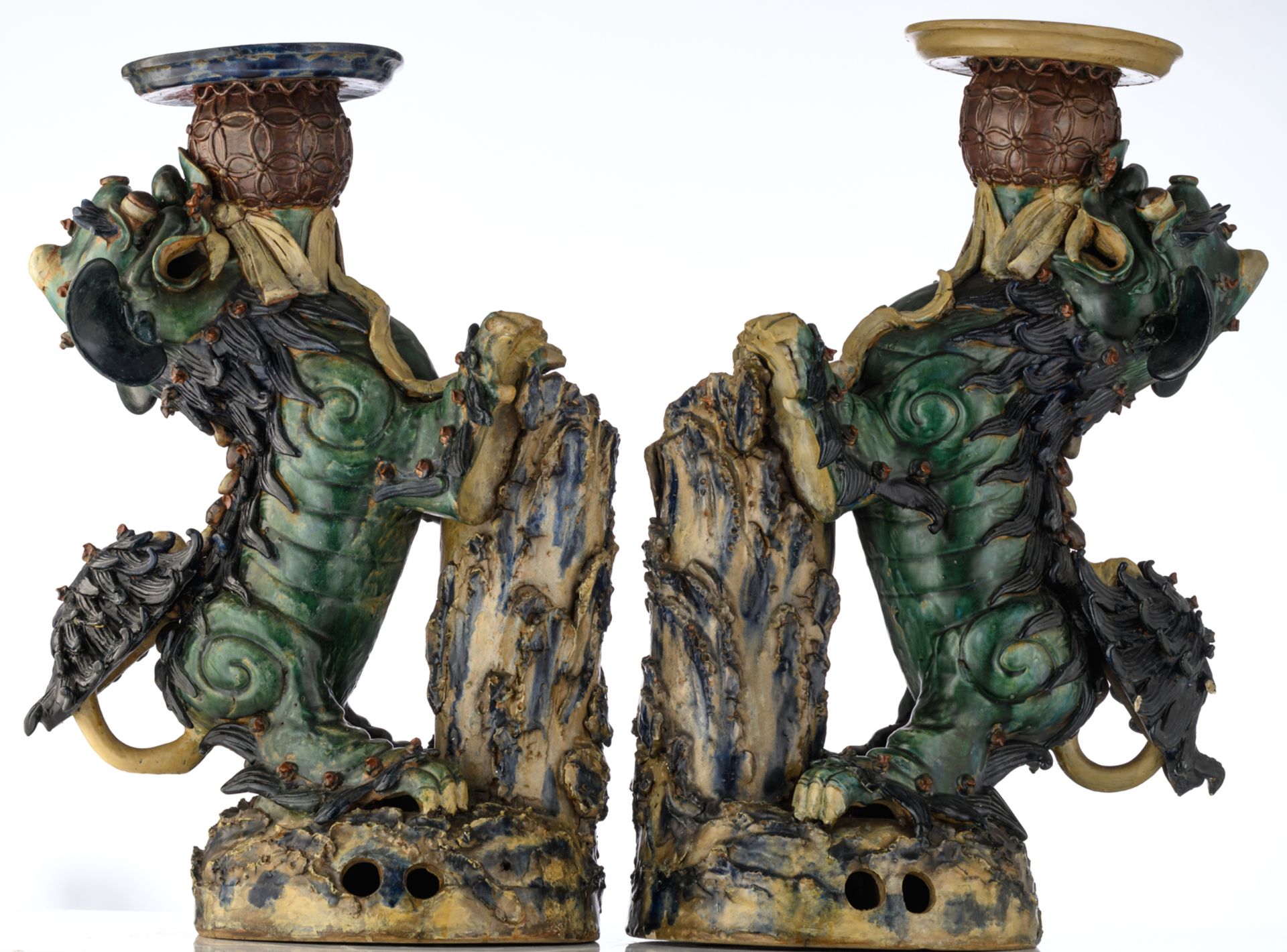 A pair of large polychrome decorated earthenware Fu lions, playing with a ball, H 76,5 - 80 - W 34,5 - Image 2 of 8