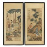 Two Chinese framed watercolours, one watercolour depicting a peasant family in rest while the lady