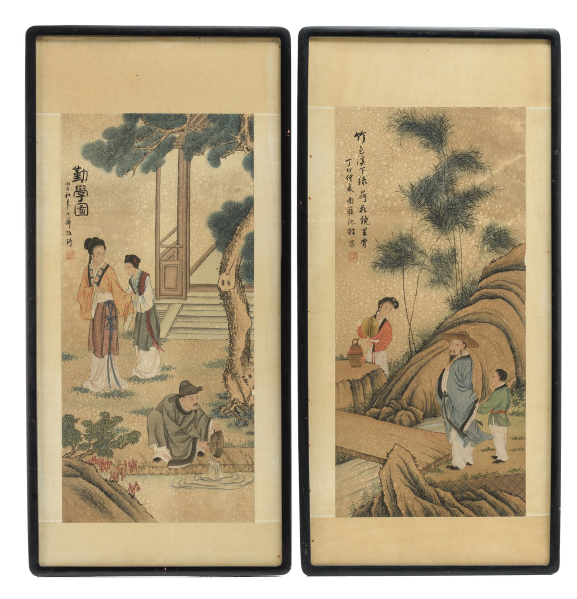 Two Chinese framed watercolours, one watercolour depicting a peasant family in rest while the lady