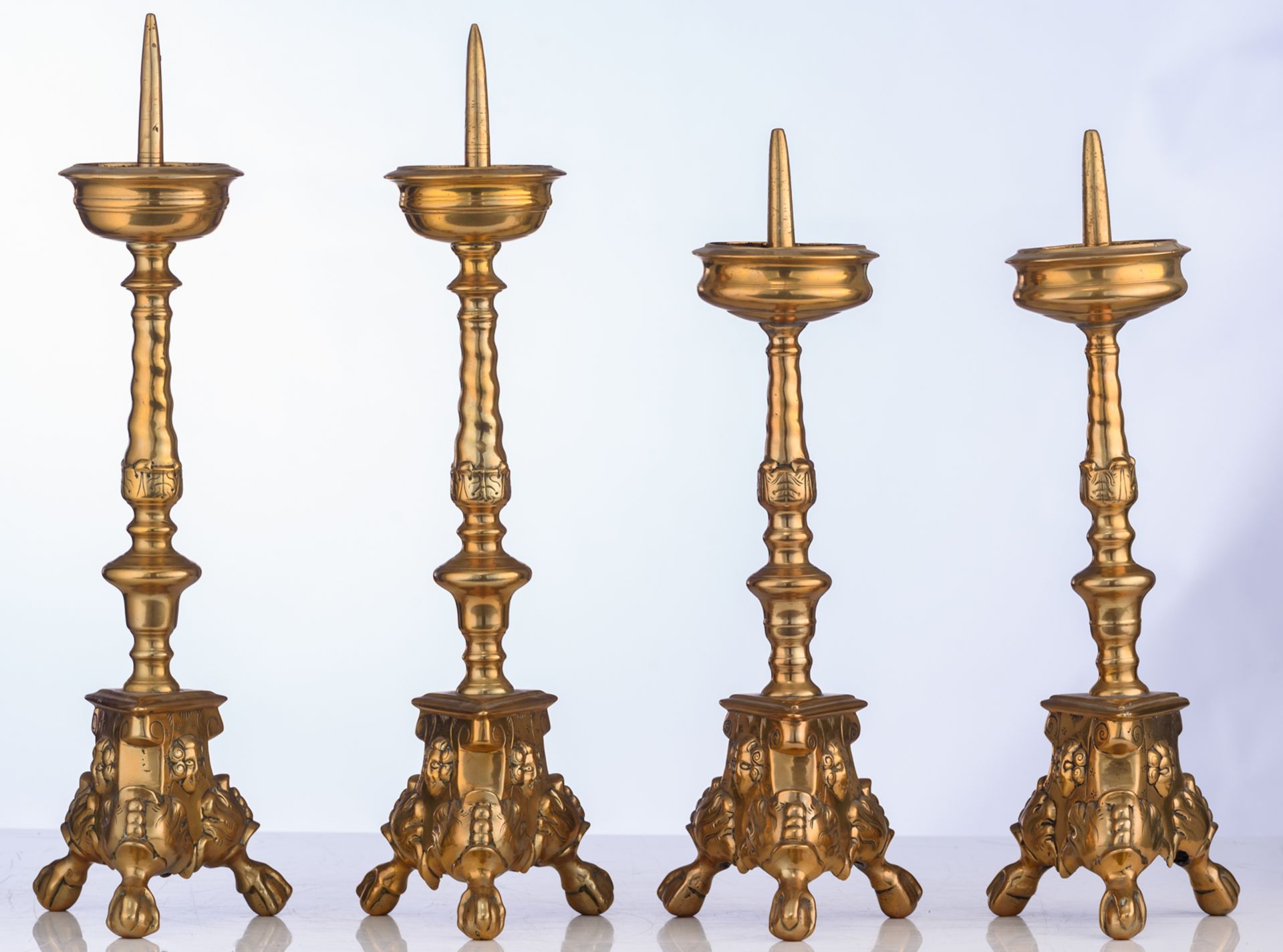 Two pair of Baroque bronze church candlesticks, 17thC, H 38,5 - 43 cm - Image 2 of 7