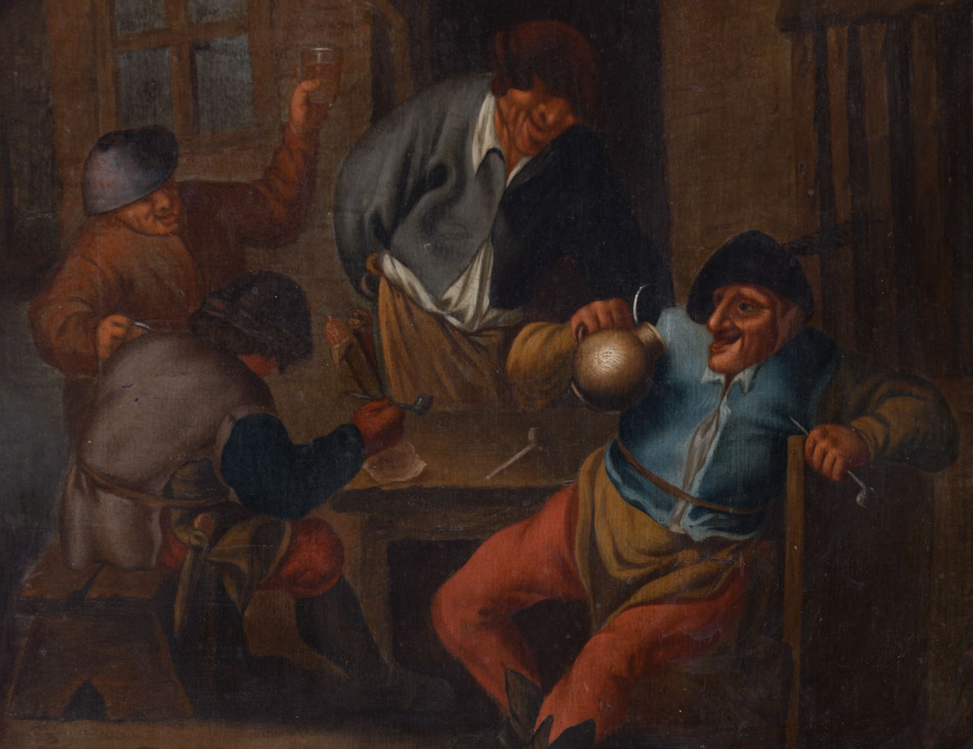No visible signature, after Teniers, a jolly company at a tavern, oil on panel, 28,5 x 34,5 cm - Bild 4 aus 4
