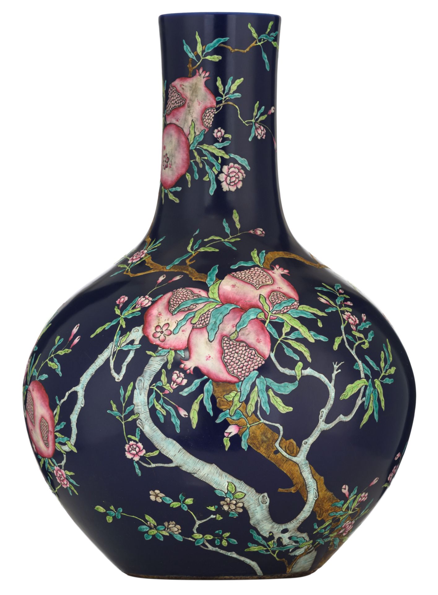 A Chinese blue ground famille rose tianqiuping, decorated with blossoming pomegranate tree branches,