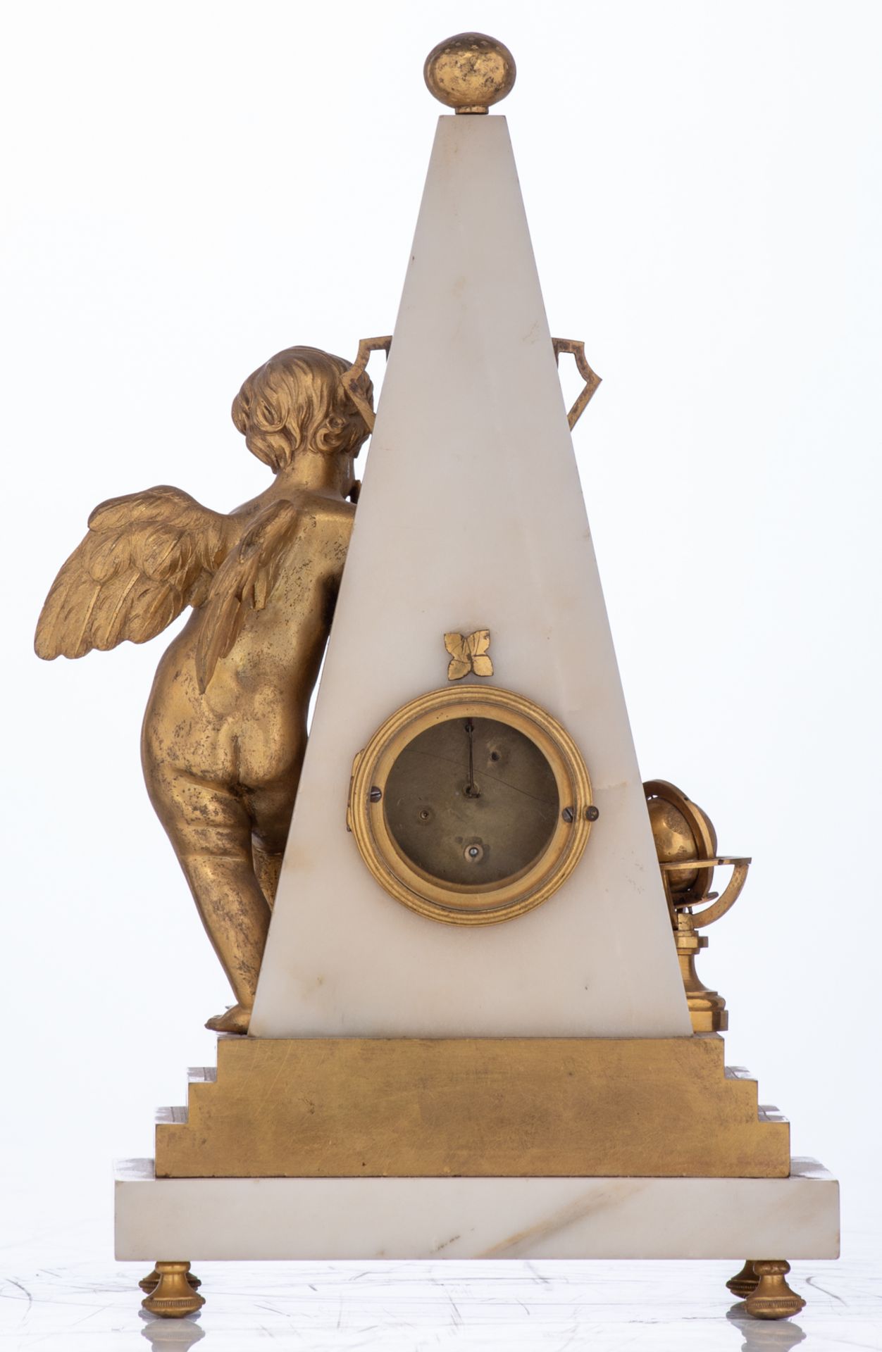 A French obelisk-shaped mantle clock, with an allegory on geography on top, ormolu bronze and - Image 4 of 5