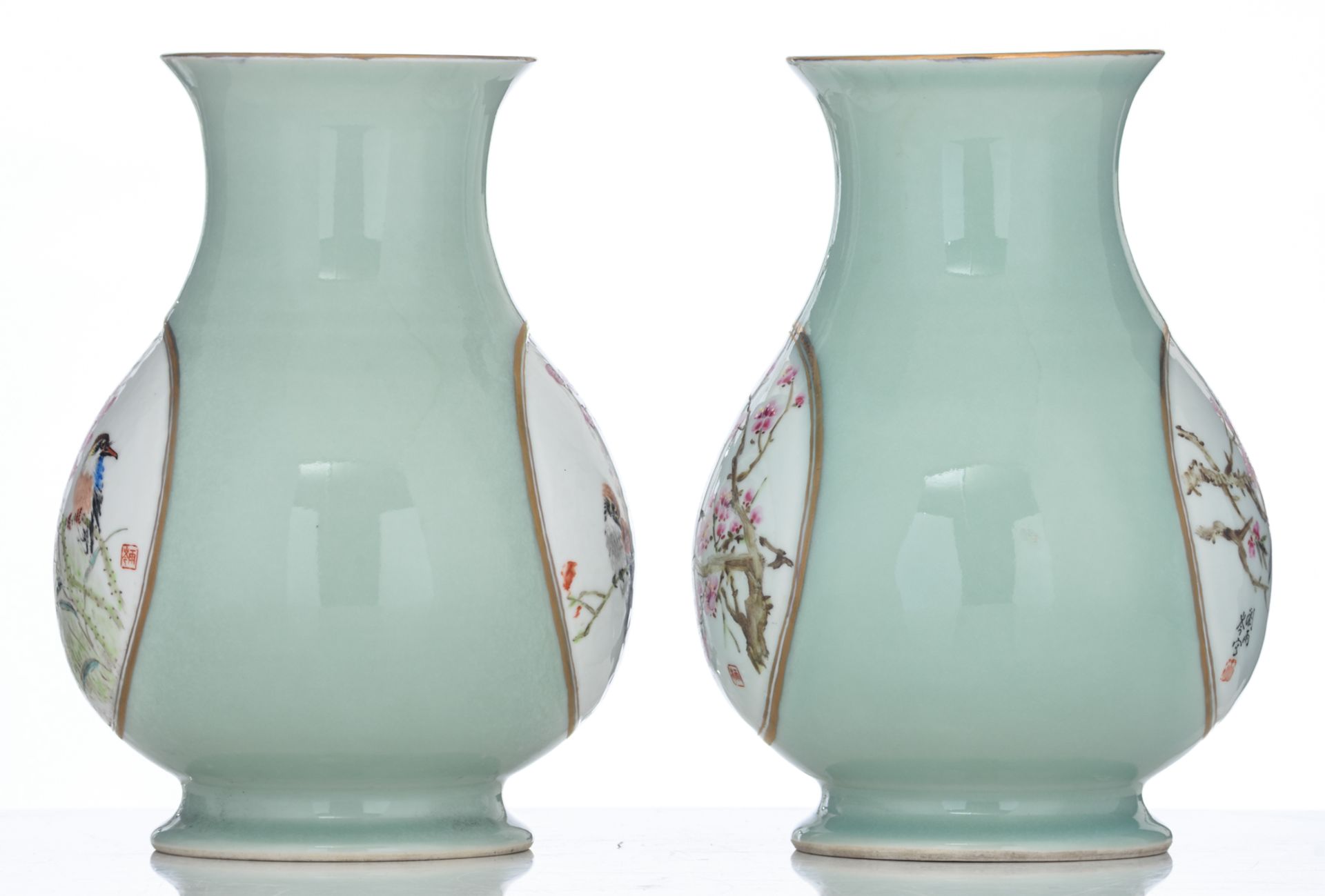 Two Chinese celadon-glazed hu vases, the roundels decorated with birds on flower branches, depicting - Image 5 of 9