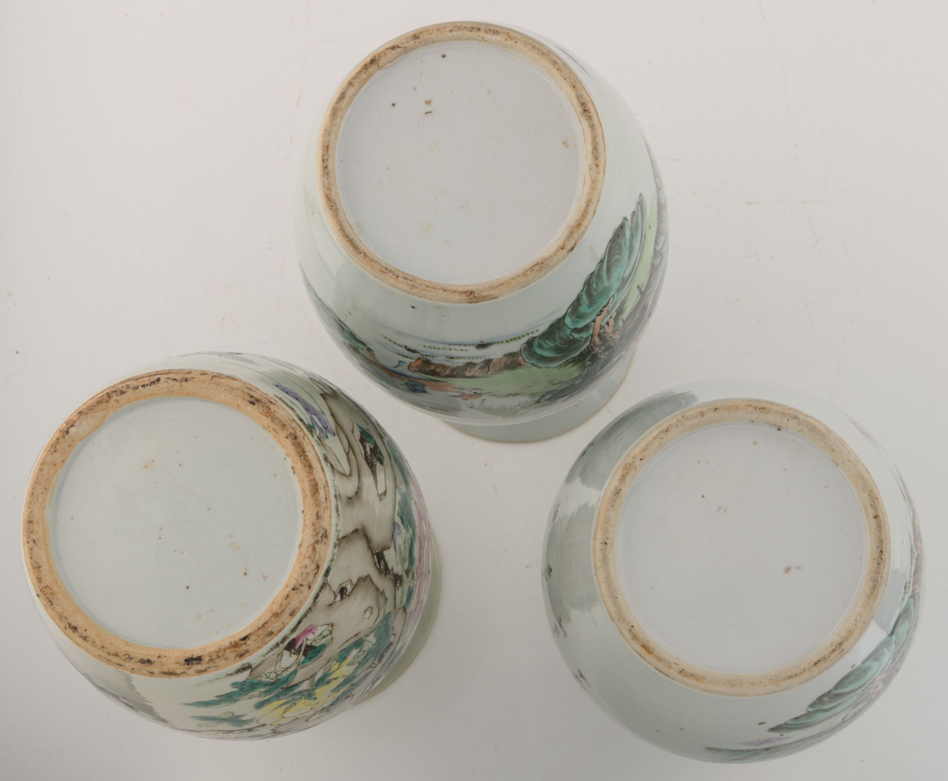 A pair of Chinese polychrome vases, decorated with figures in a mountainous river landscape; - Image 6 of 6