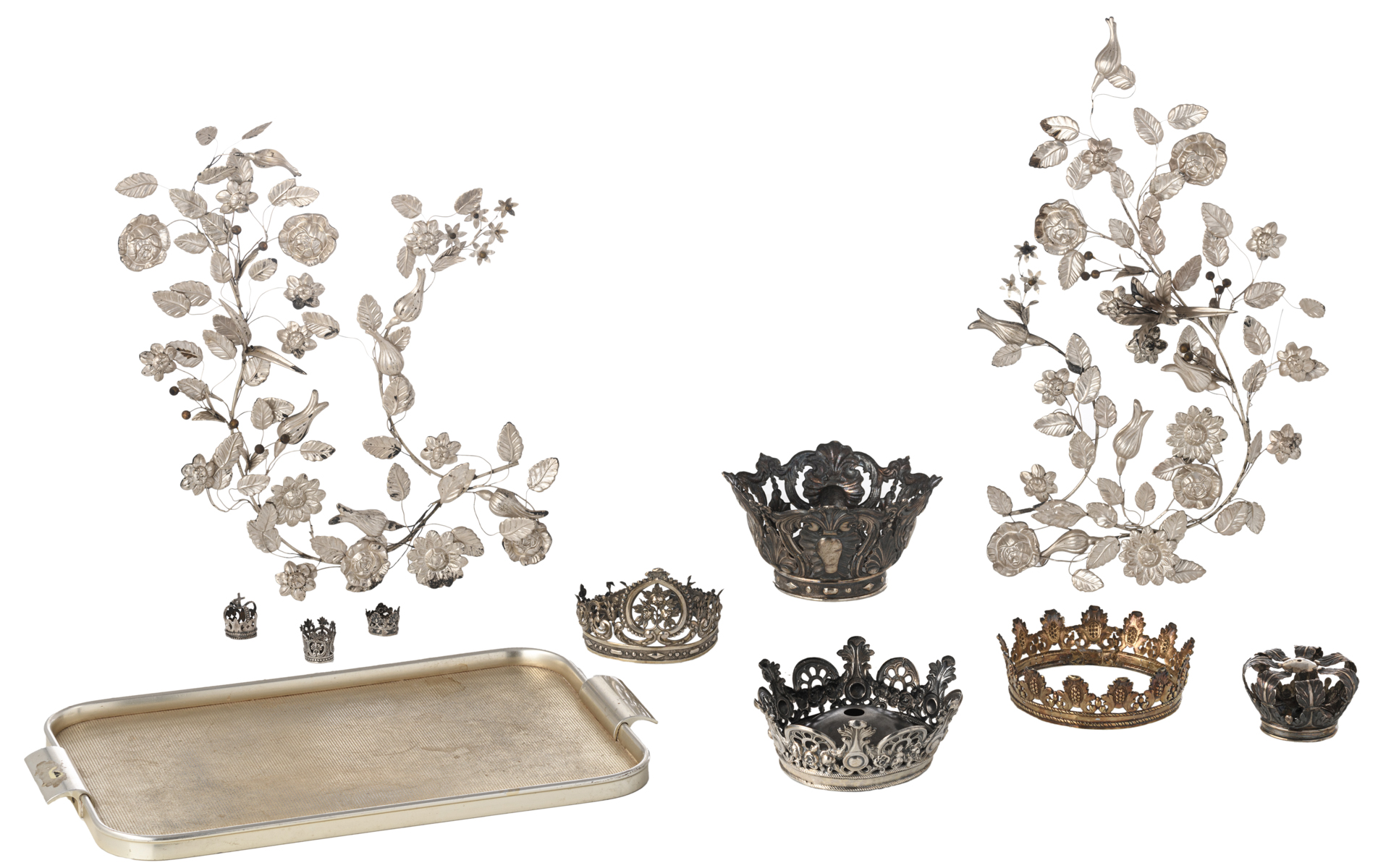 A set of silver crowns fitting for Holy Mother and Child statues, mostly Belgian and French