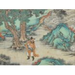 A 19thC Chinese watercolour on textile, depicting a philosopher, strolling in a landscape near to