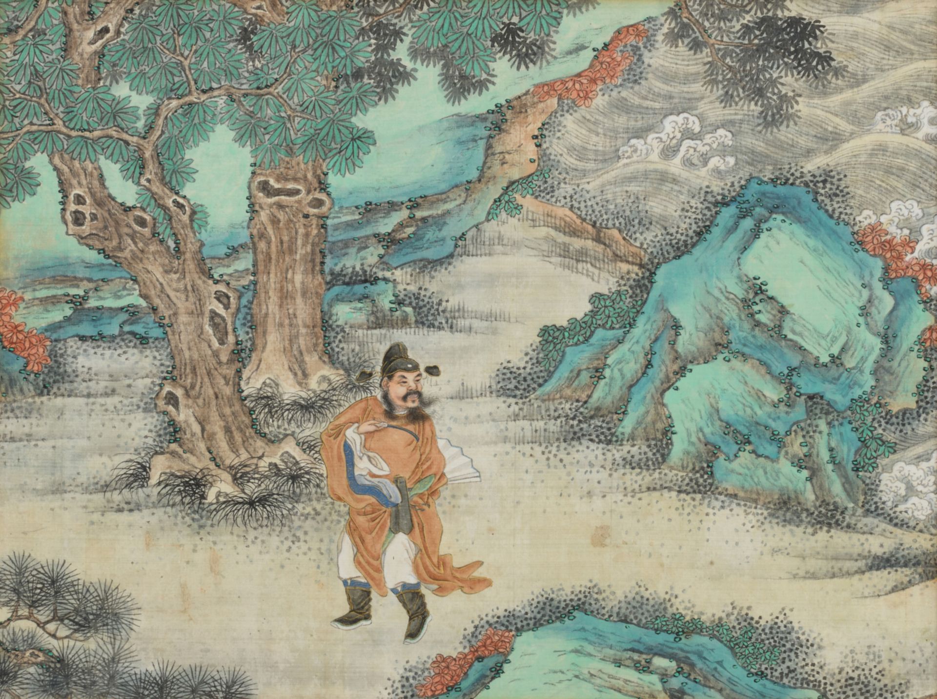 A 19thC Chinese watercolour on textile, depicting a philosopher, strolling in a landscape near to