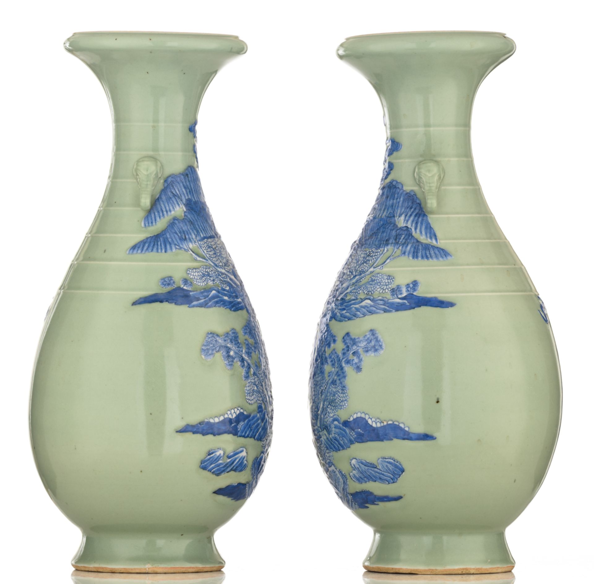 A pair of celadon ground begonia shaped vases, blue and white decorated with a scene from 'The - Image 2 of 6