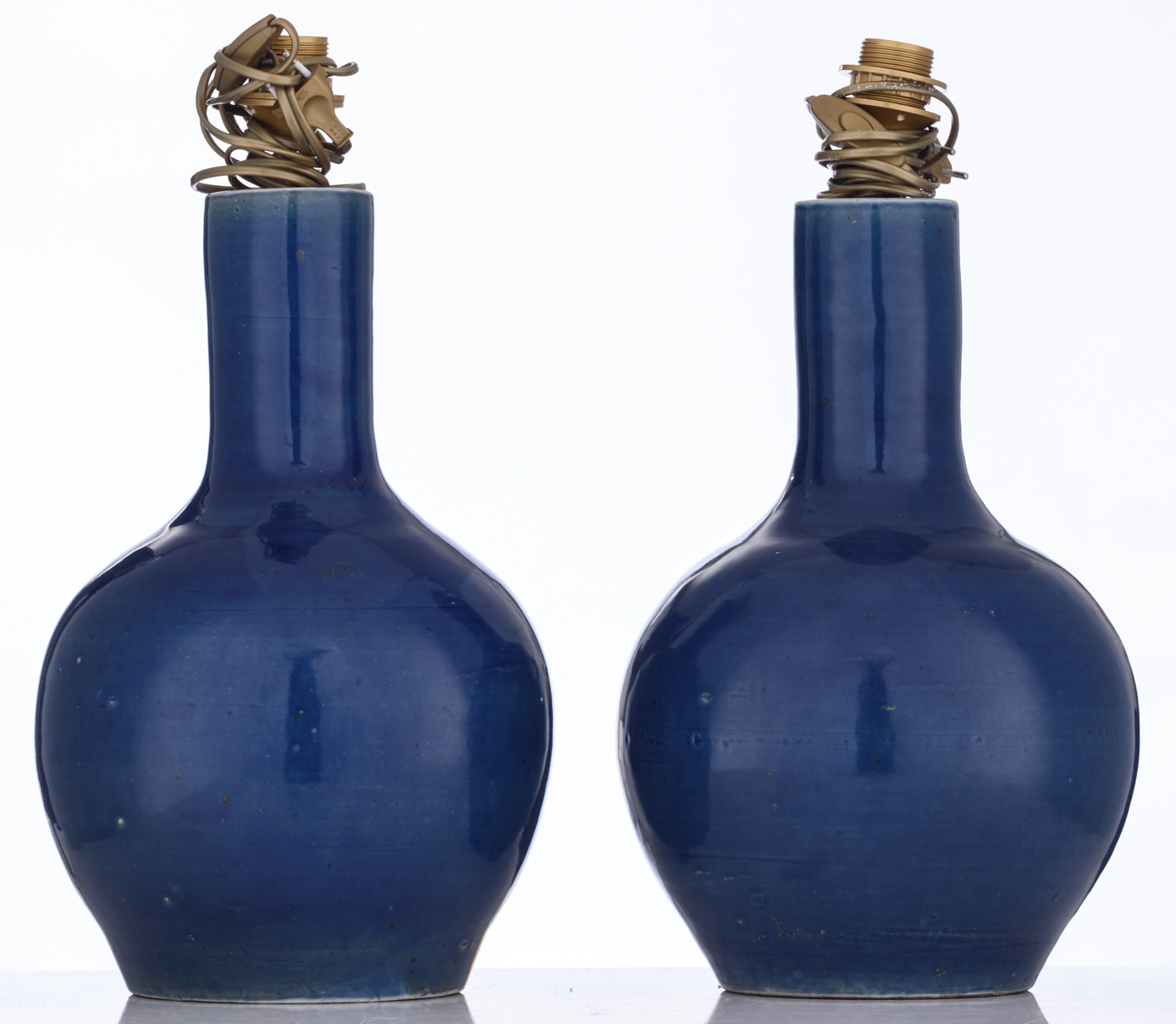 Two Chinese lavender blue glazed bottle vases, early 20thC, mounted as a lamp, H 41,5 cm - Image 4 of 7