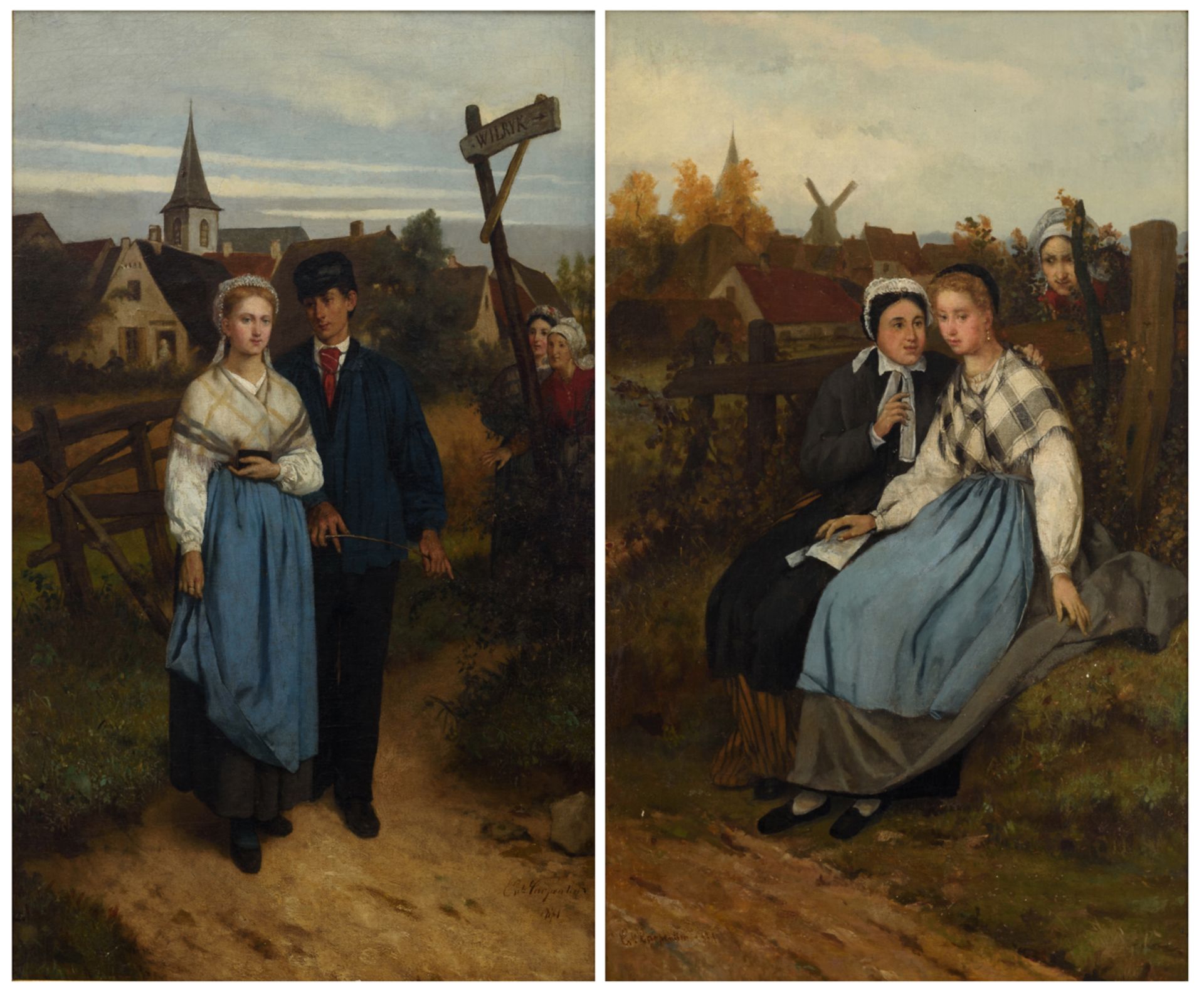 Carpentier E., two episodes of a rural love story, dated 1871, oil on canvas, part of the