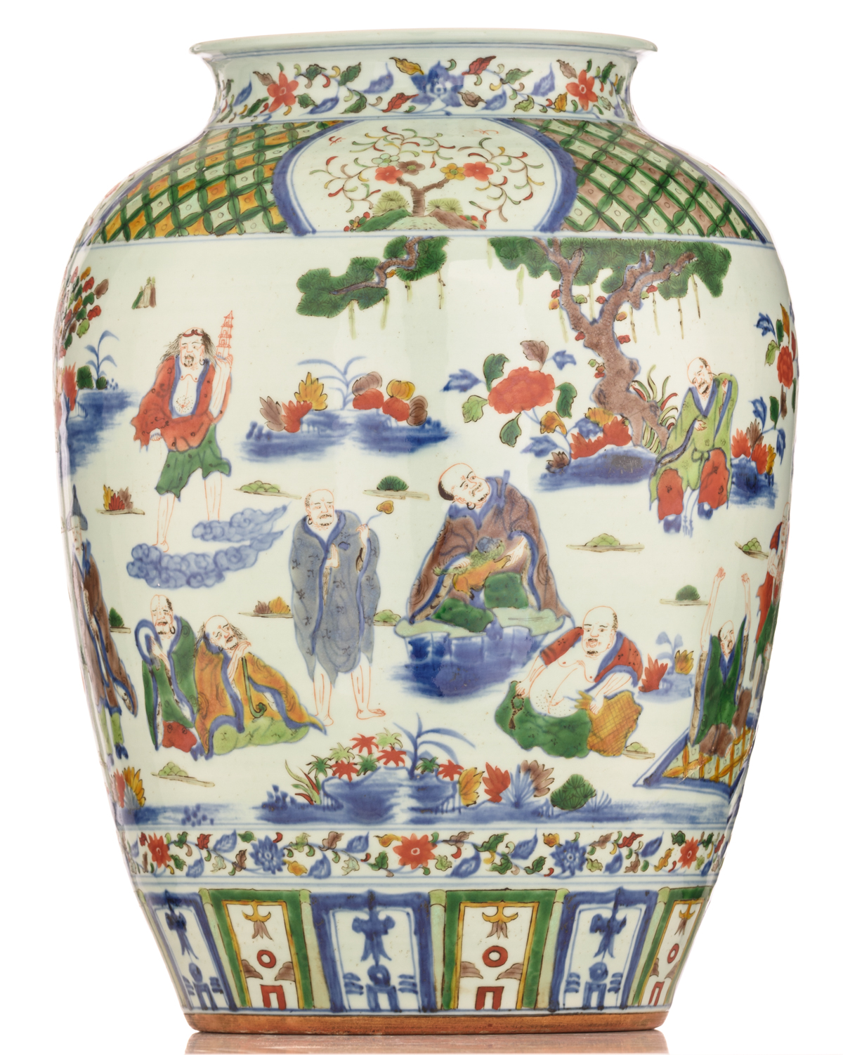 A Chinese wucai jar, decorated with the Eighteen Luohans in a landscape, with a Jiajing mark, H 45 - Image 4 of 7