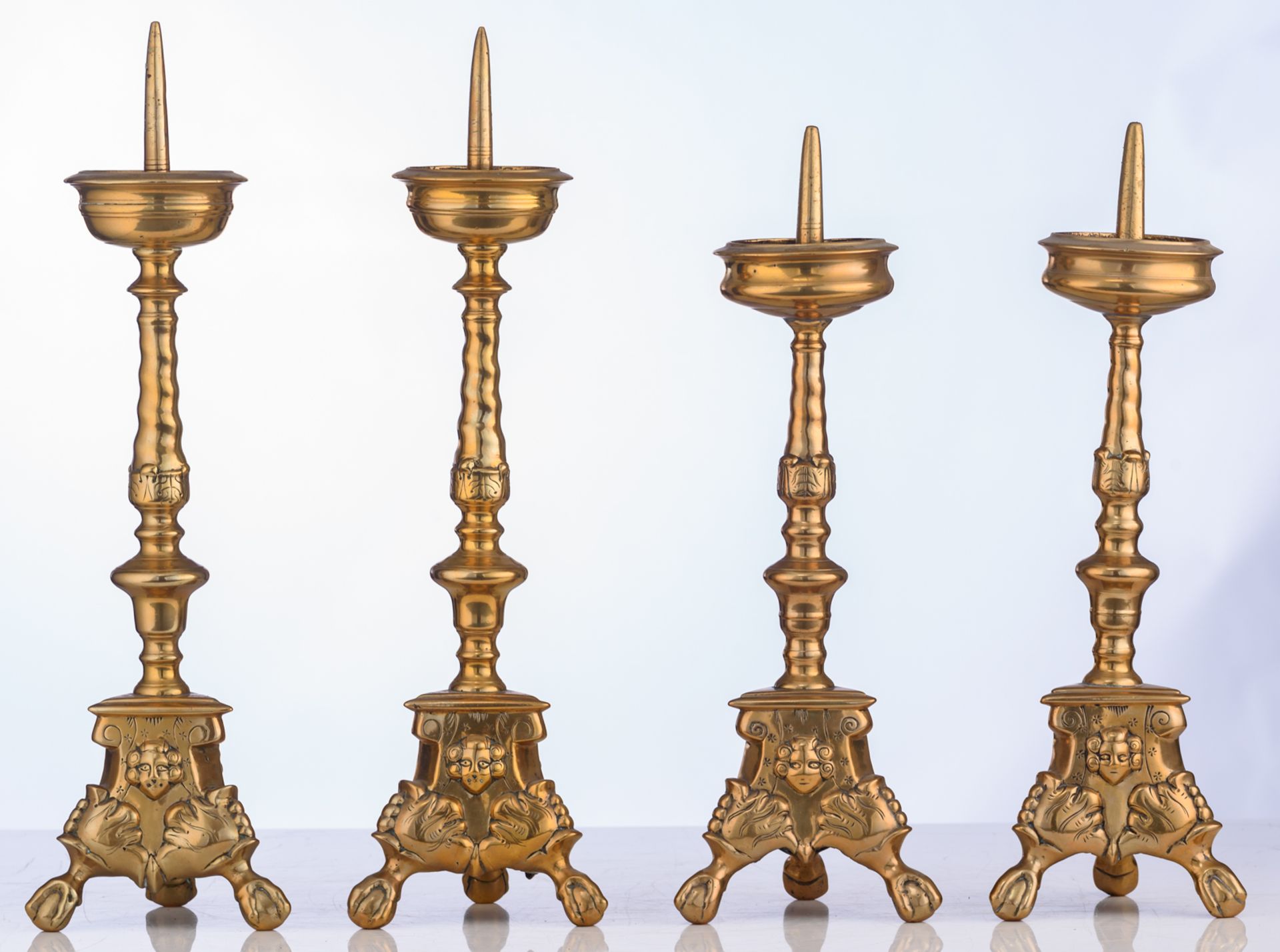 Two pair of Baroque bronze church candlesticks, 17thC, H 38,5 - 43 cm - Image 5 of 7
