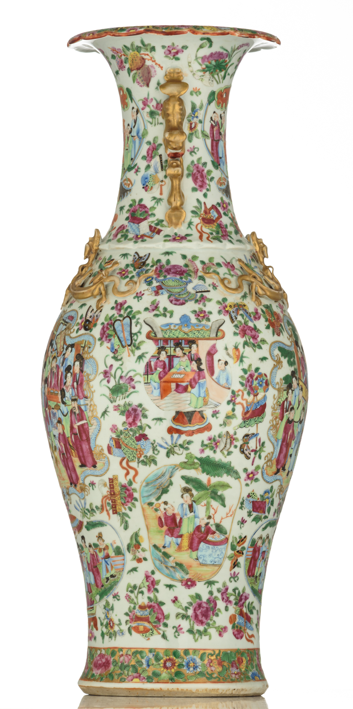 A Chinese Canton famille rose vase, decorated with various fruits, Buddhist symbols, flowers and - Image 2 of 6
