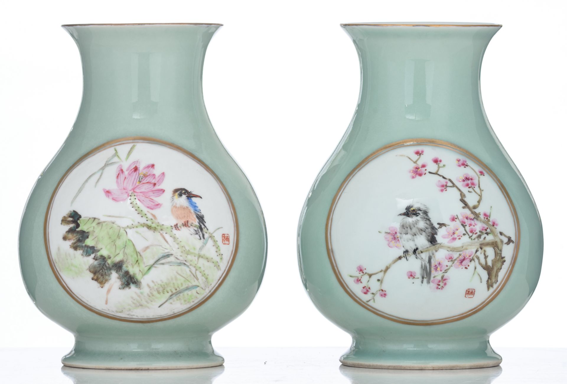 Two Chinese celadon-glazed hu vases, the roundels decorated with birds on flower branches, depicting - Image 4 of 9