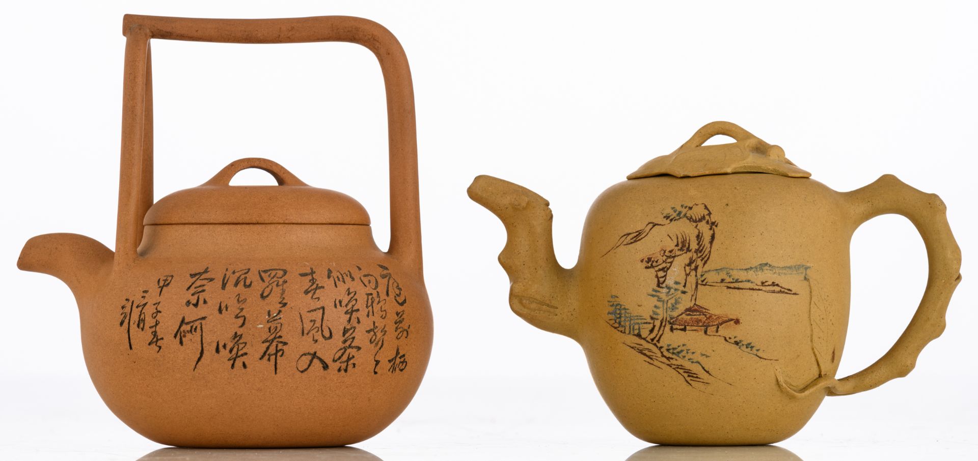 Two Chinese yellow zisha teapots, the 'tree leaf' teapot decorated with a village landscape and - Image 2 of 9