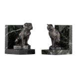 A pair of Art Deco cat and bulldog bookends, signed Max Le Verrier, patinated bronze