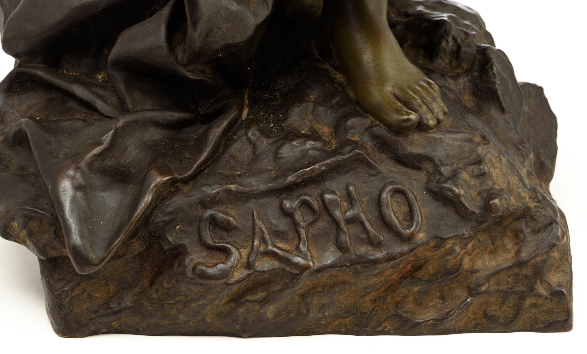 Villanis E., 'Sapho', green and brown patinated bronze, with a casting mark by 'Société des bronzes - Image 7 of 7