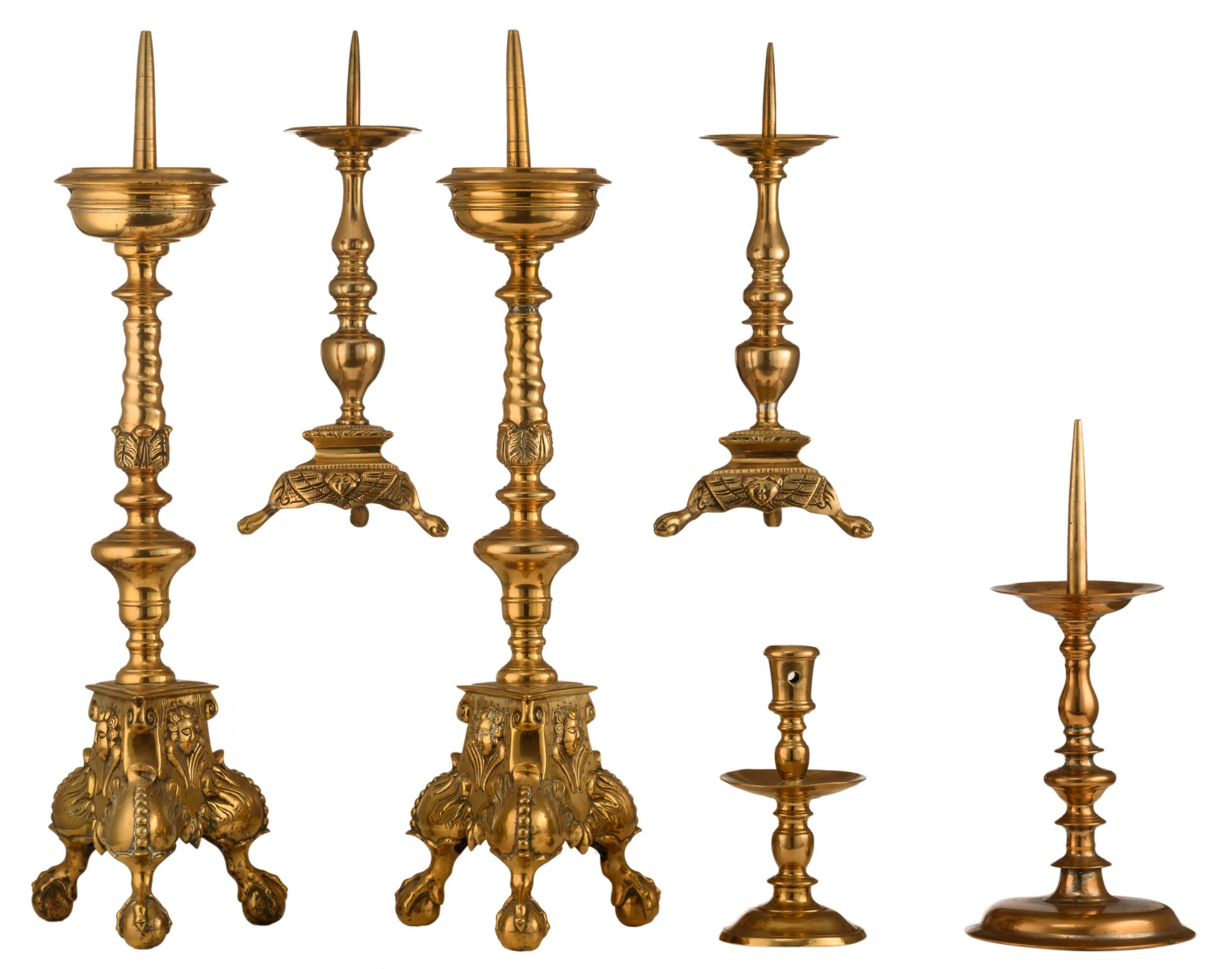 A set of a bronze pricket candlestick and a Heemskerck type candlestick, 17th/18thC, H 19 - 33 cm;