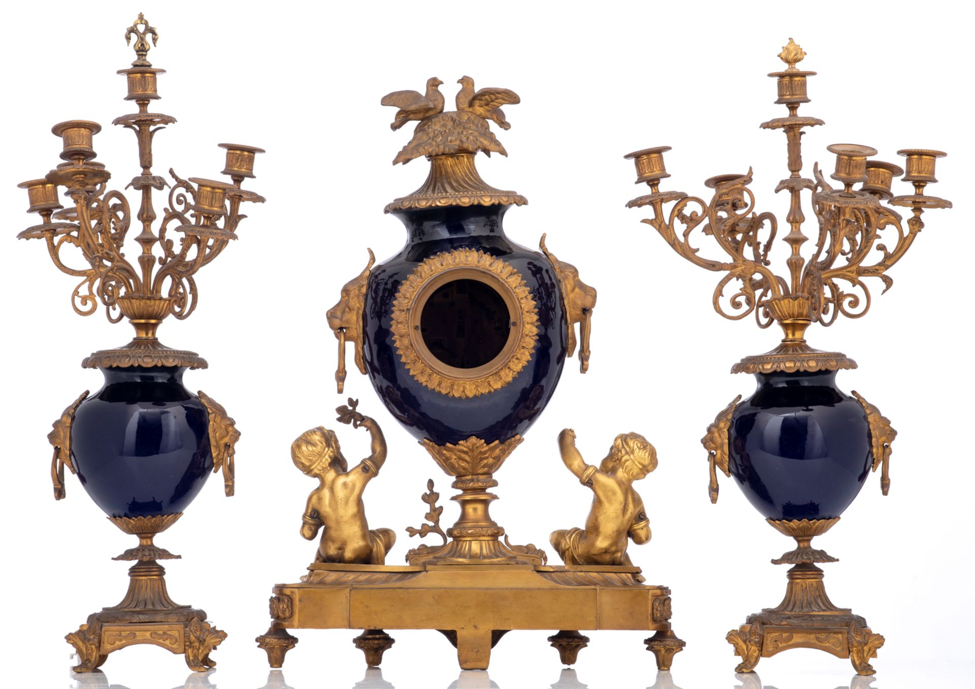 A three-piece 'blue royale' glazed stoneware garniture with gilt bronze mounts, consisting of a pair - Image 3 of 7