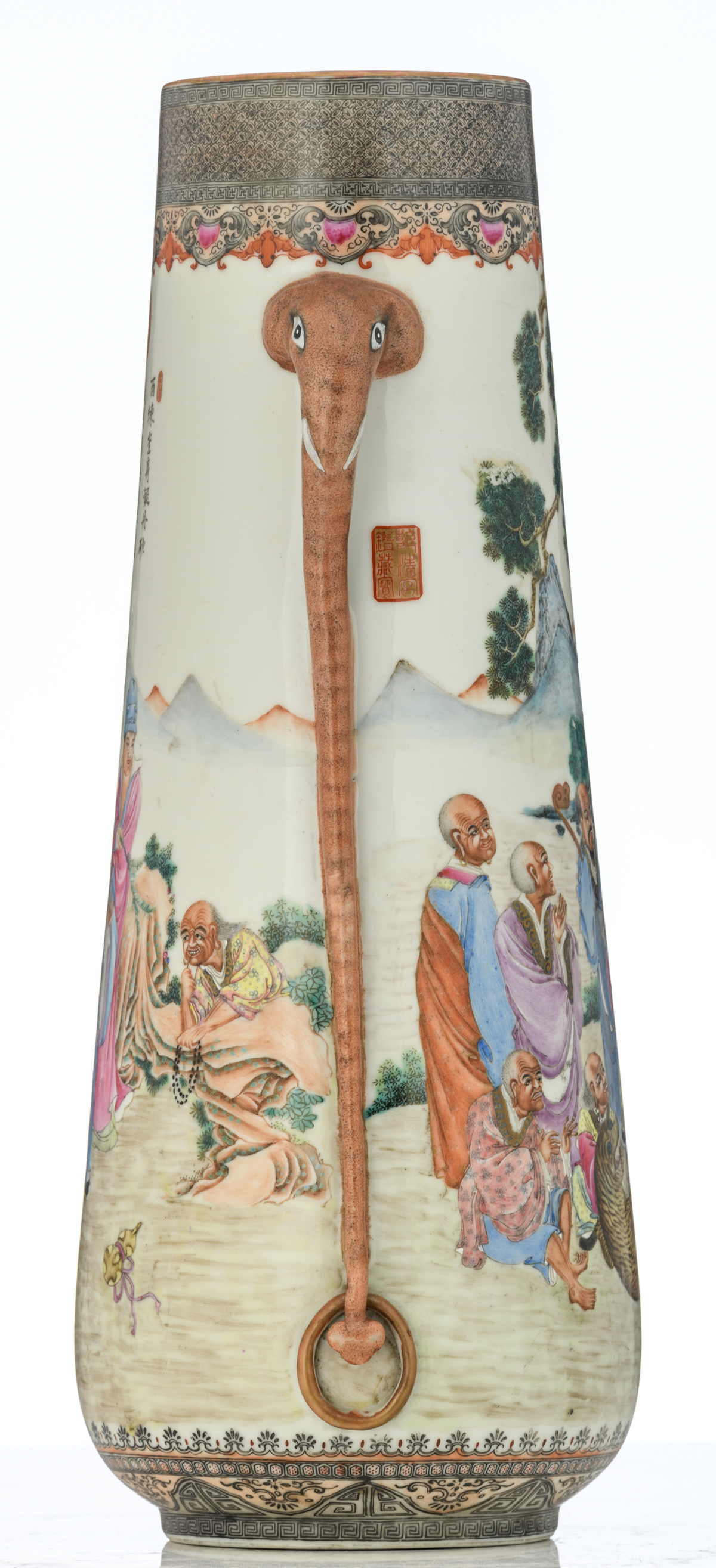 A Chinese Republic period cylindrical vase, decorated with the Eighteen Luohans, observing an animal - Image 4 of 7