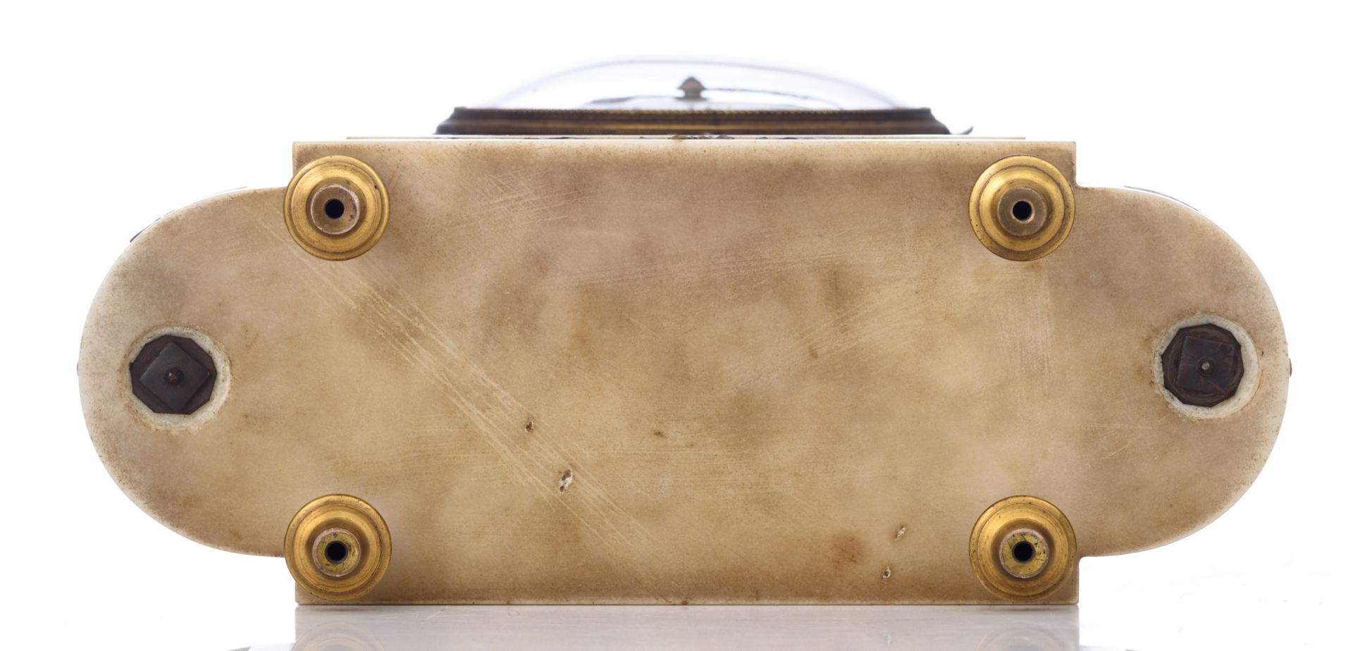 A French Napoleon III-period mantle clock, white Carrara marble and decorated with patinated - Image 5 of 10