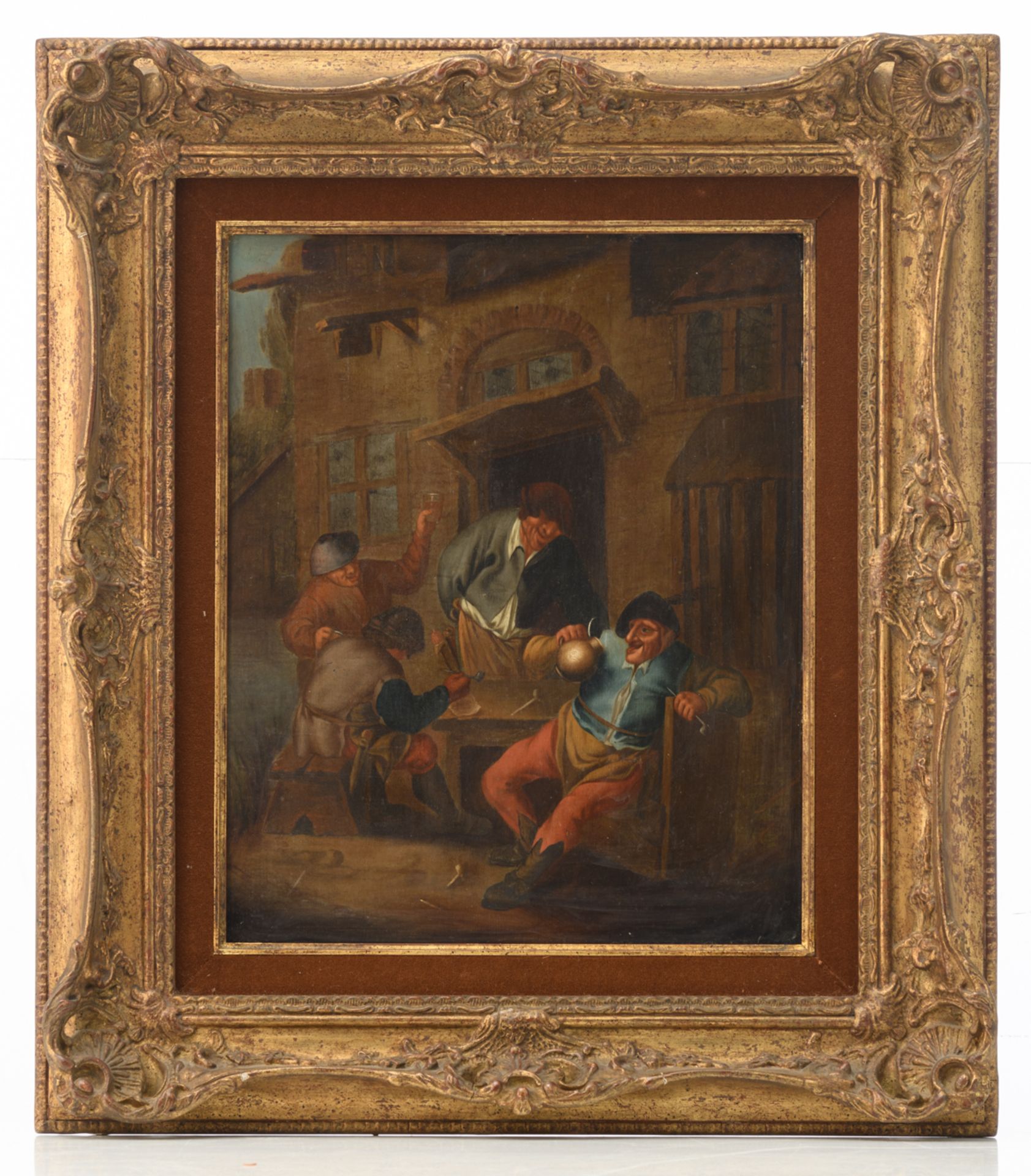 No visible signature, after Teniers, a jolly company at a tavern, oil on panel, 28,5 x 34,5 cm - Bild 2 aus 4