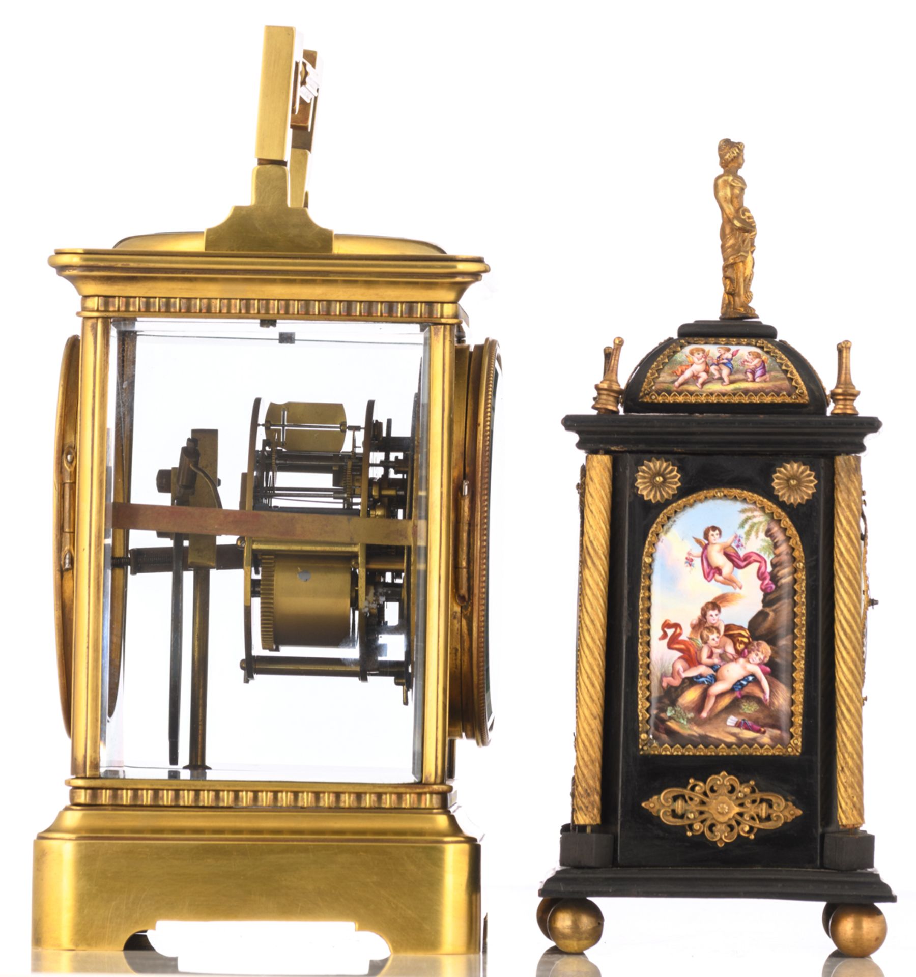 A French early 20thC brass table clock also set with a Fahrenheit & Réaumur thermometer and a - Image 4 of 9